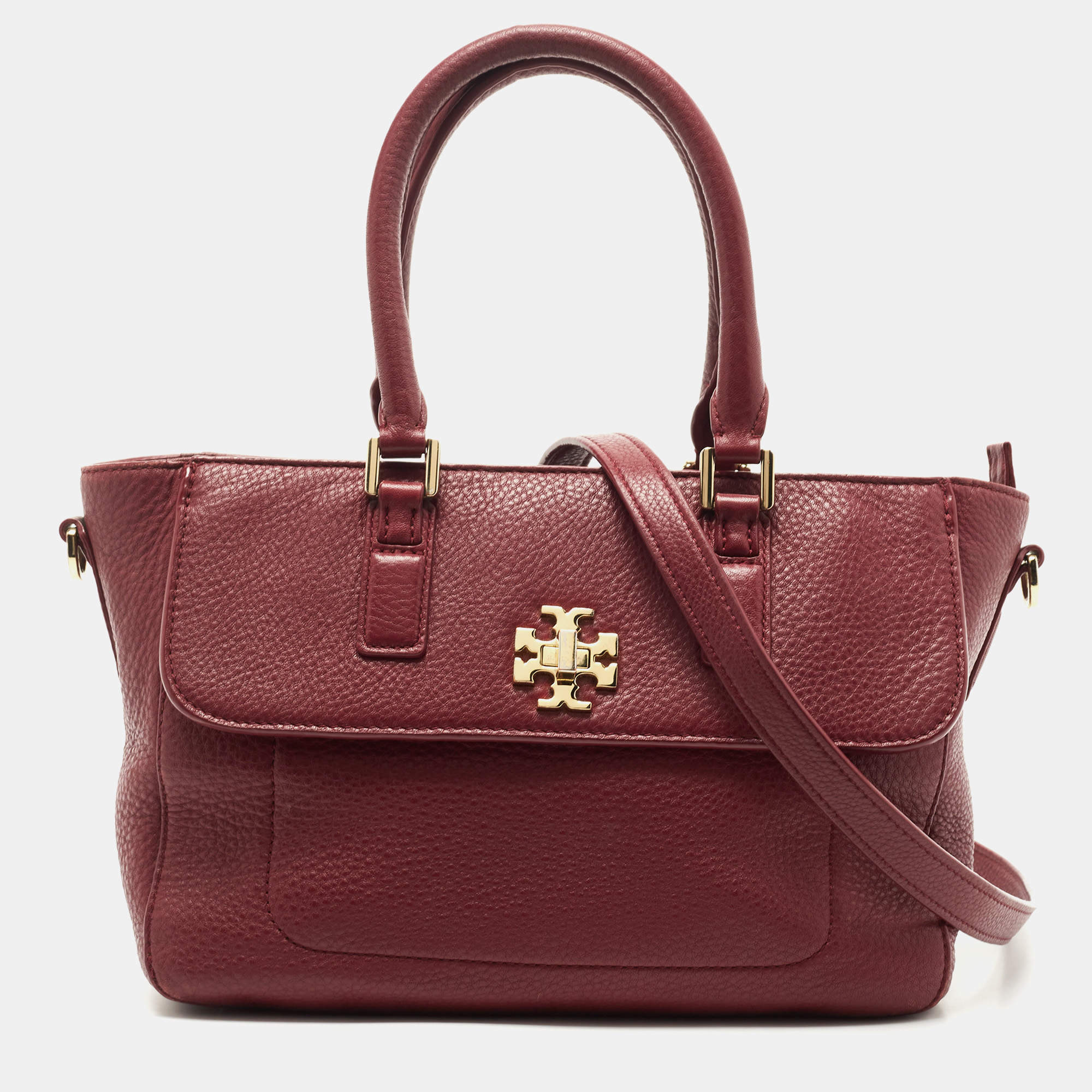 Pre Owned Tory Burch Burgundy Grained Leather Turnlock Flap Tote