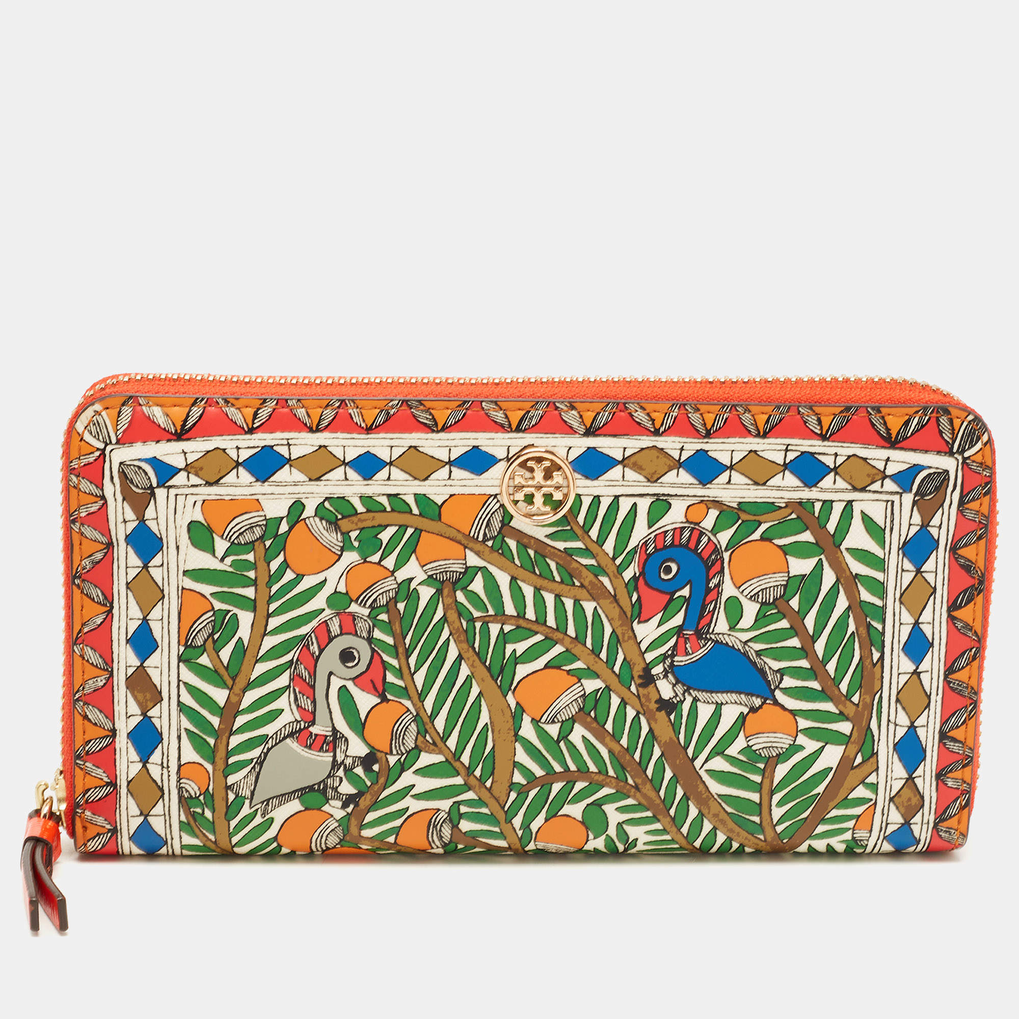 Pre Owned Tory Burch Multicolor Bird Printed Leather Robinson Zip Around Wallet
