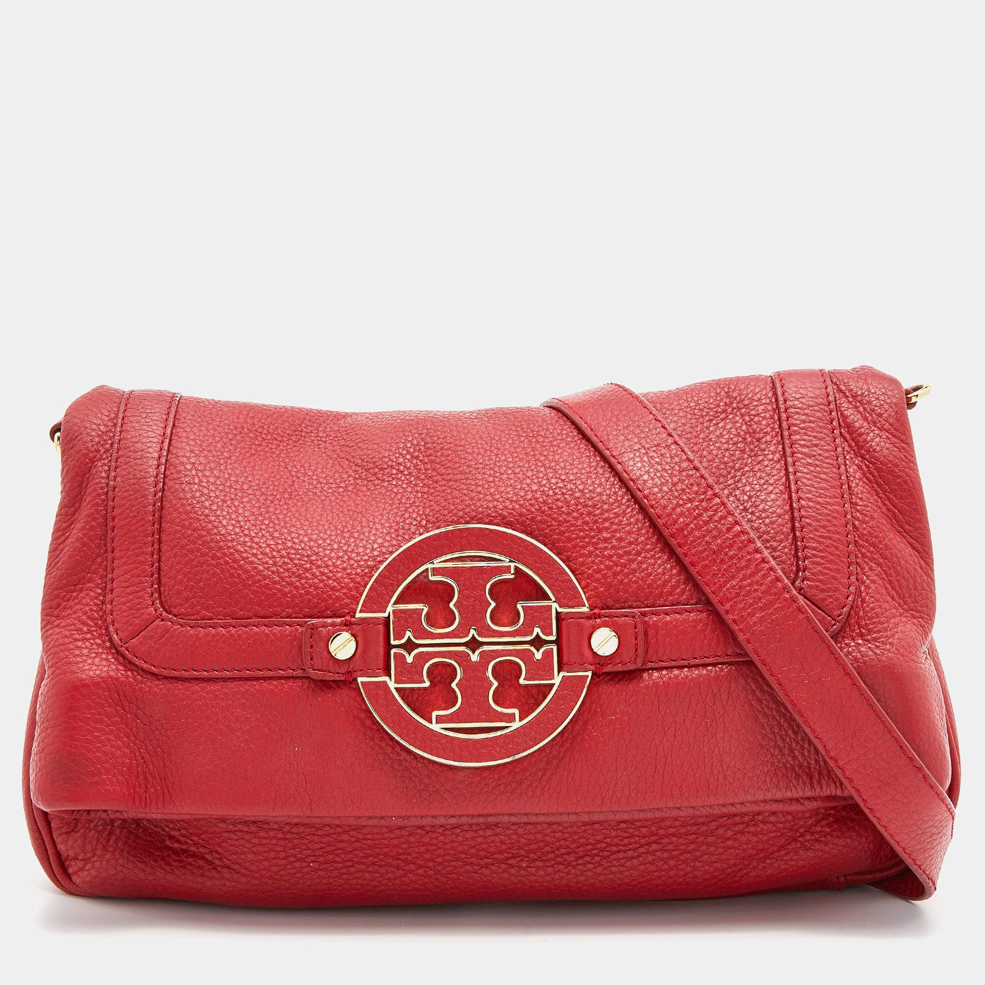 Pre Owned Tory Burch Red Leather Amanda Fold Over Shoulder Bag