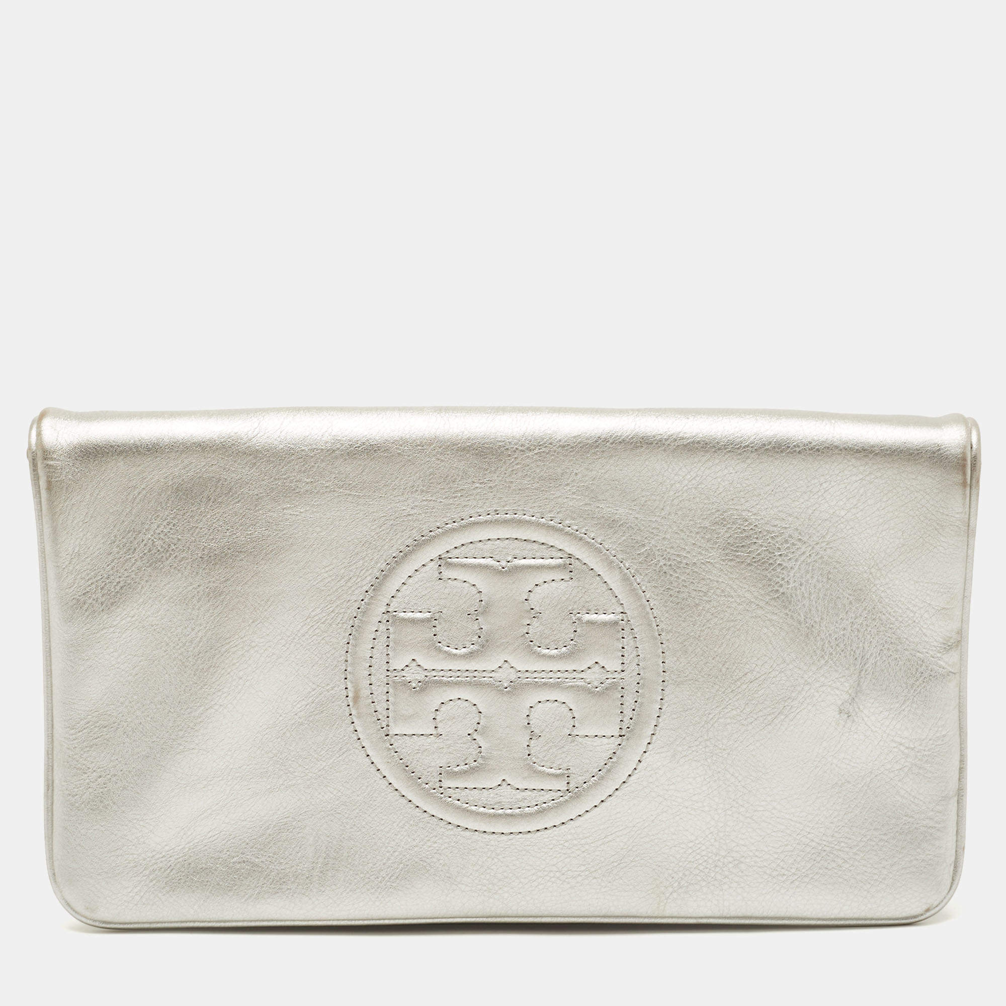 Pre Owned Tory Burch Metallic Silver Leather Reva Clutch