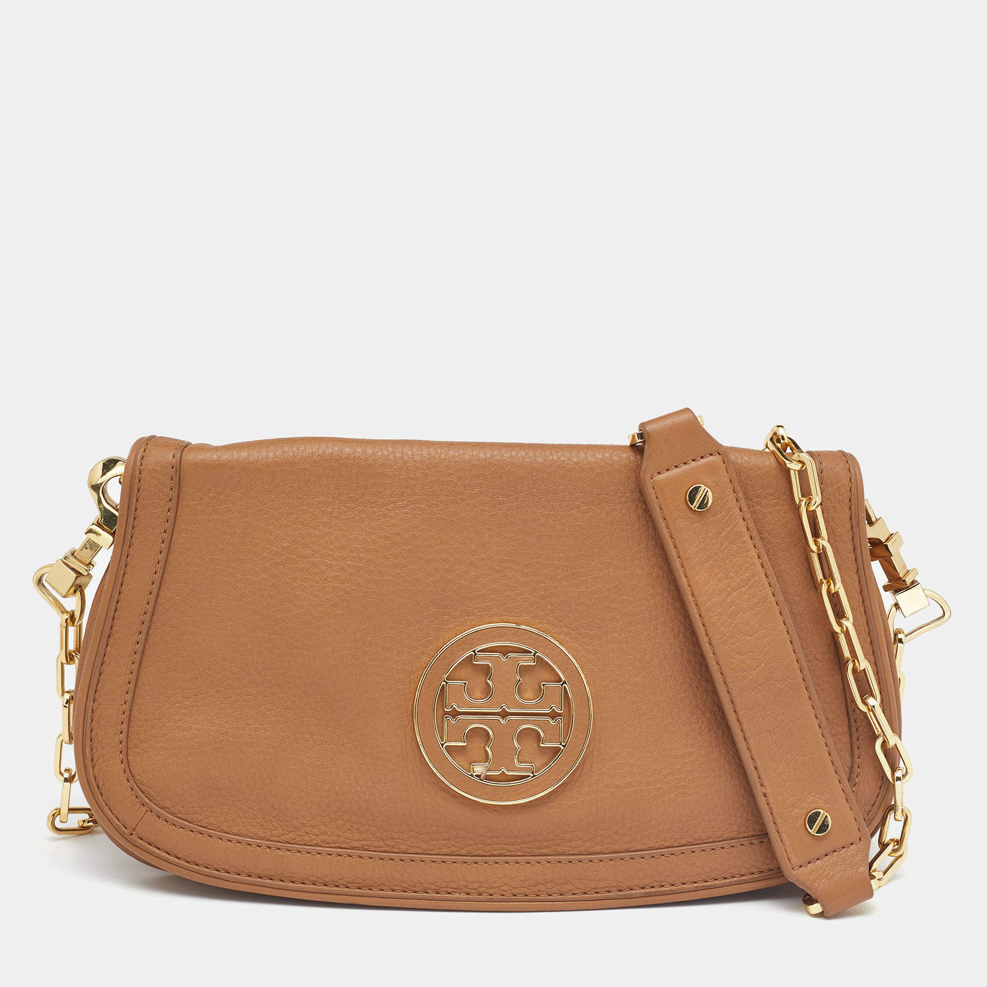Pre Owned Tory Burch Tan Leather Amanda Logo Crossbody Bag