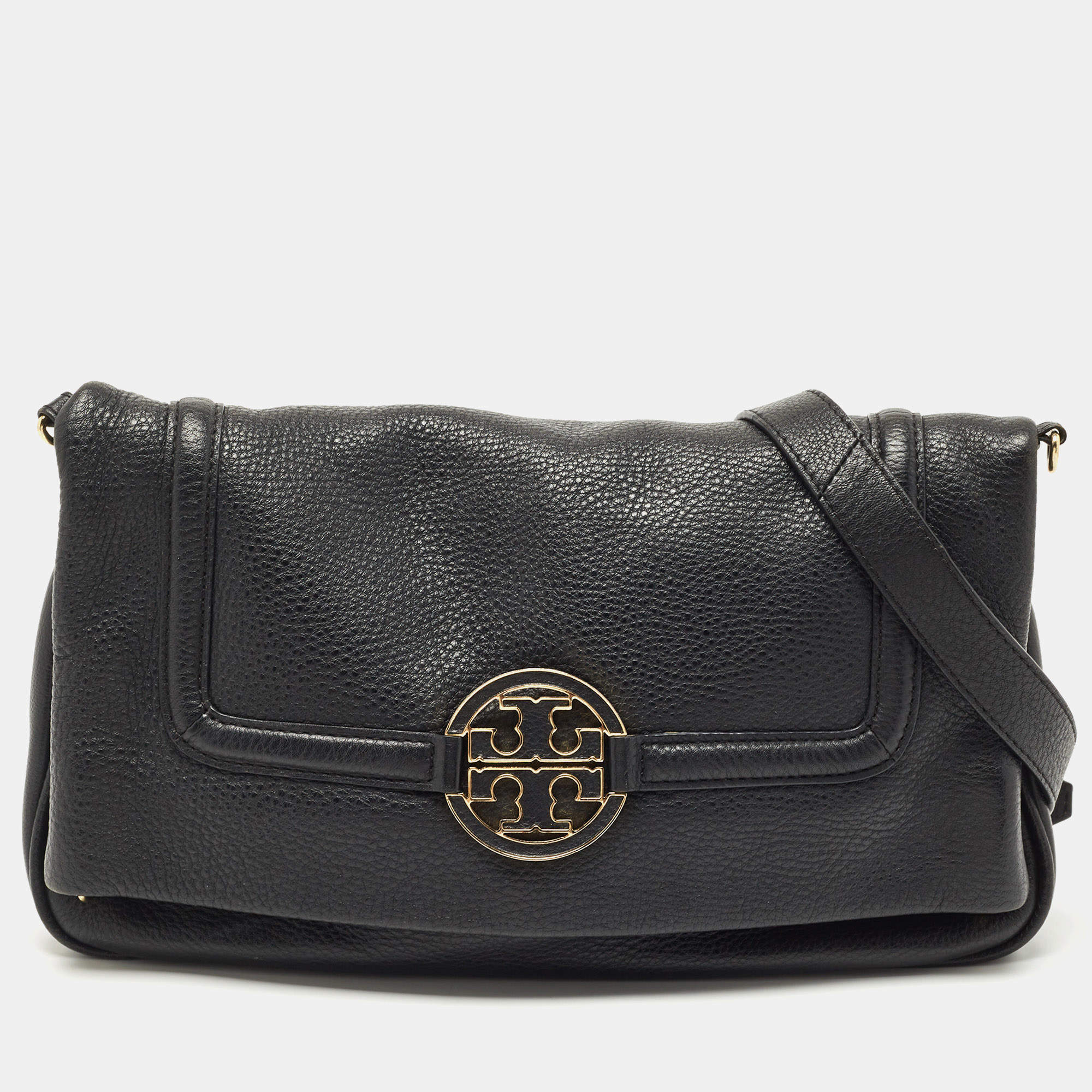 Pre Owned Tory Burch Black Leather Amanda Foldover Crossbody Bag