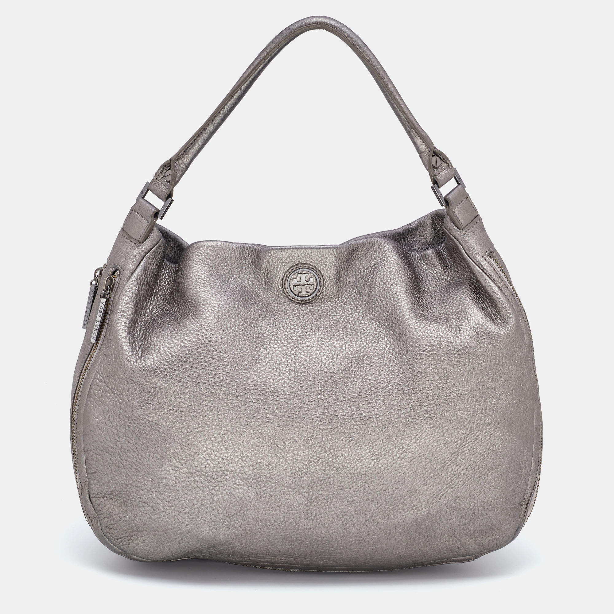 مملوكة مسبقًا Tory Burch Metallic Grey Soft Leather Double Expandable Zip Hobo