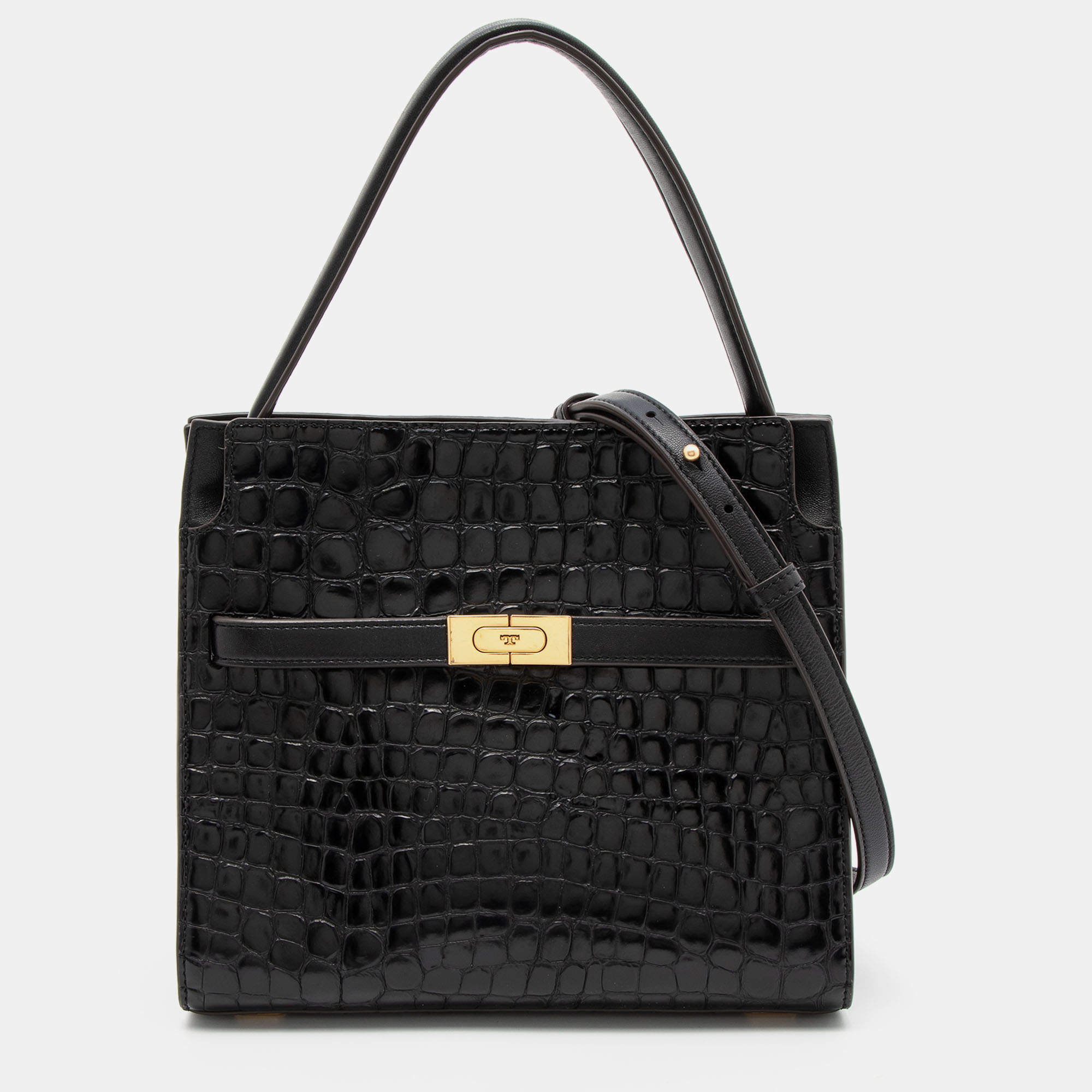 Pre Owned Tory Burch Black Croc Embossed Leather and Suede Small Lee Radziwill Double Bag