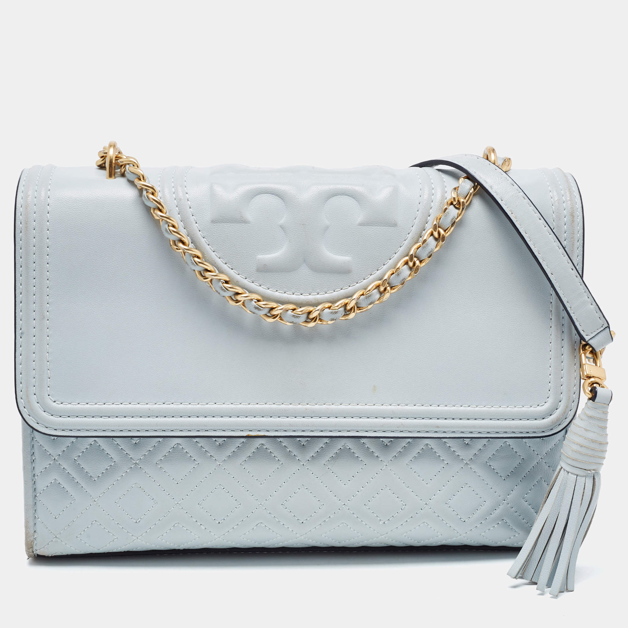 Pre Owned Tory Burch Pale Blue Leather Fleming Shoulder Bag