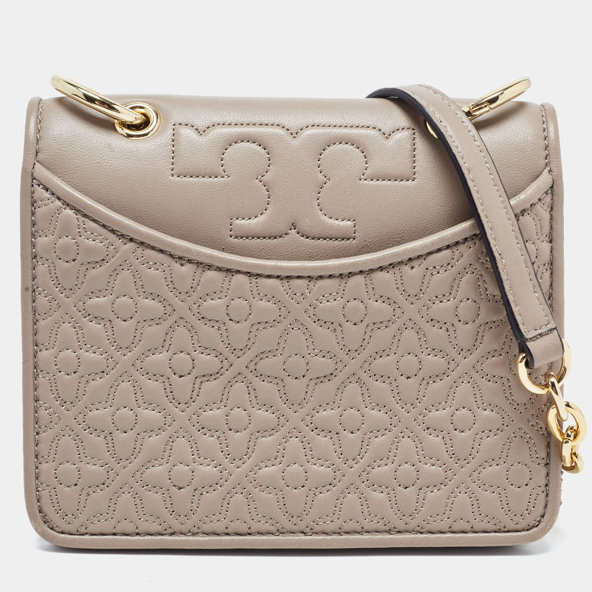 Pre Owned Tory Burch Taupe Leather Mini Alexa Crossbody Bag