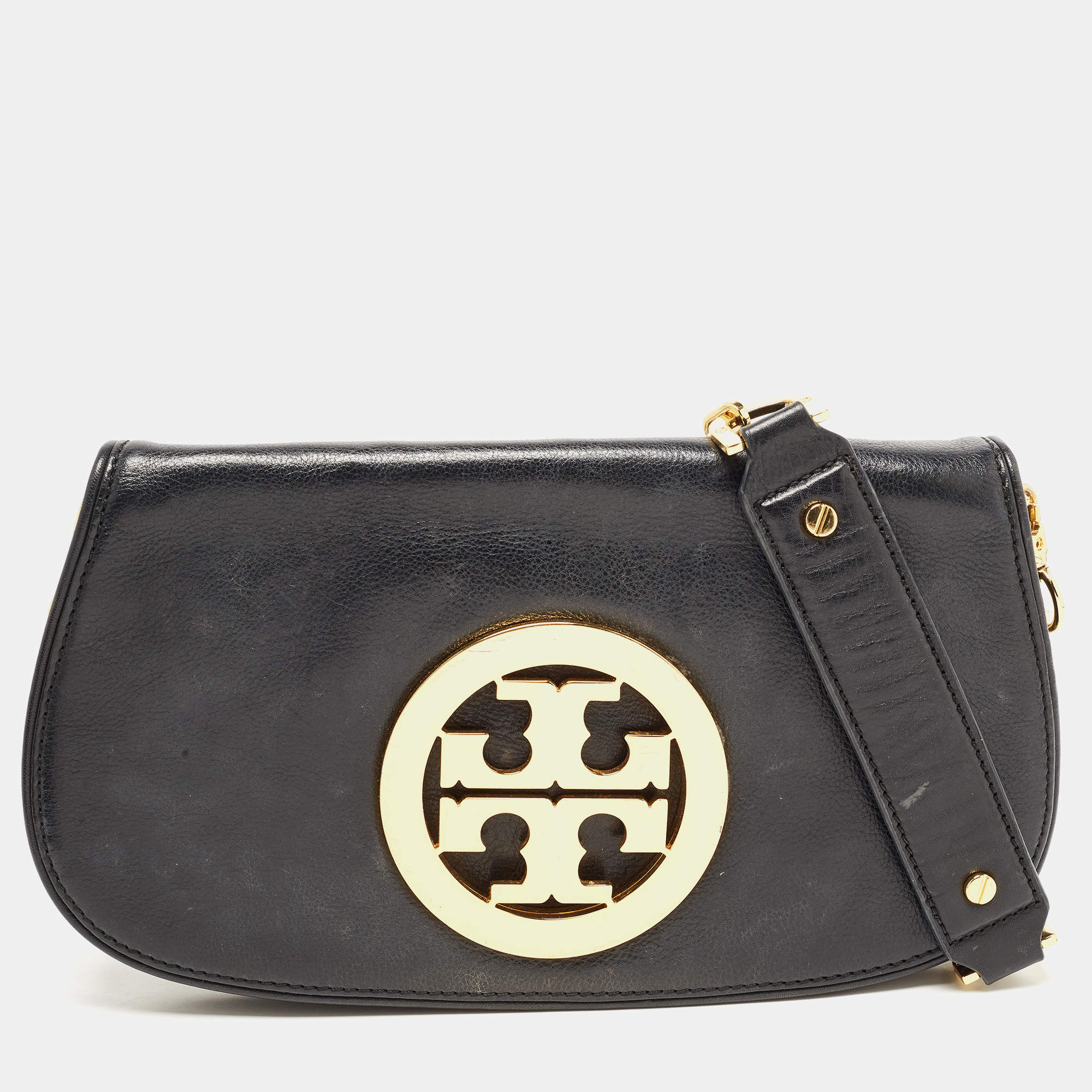 Pre Owned Tory Burch Black Leather Amanda Logo Crossbody Bag