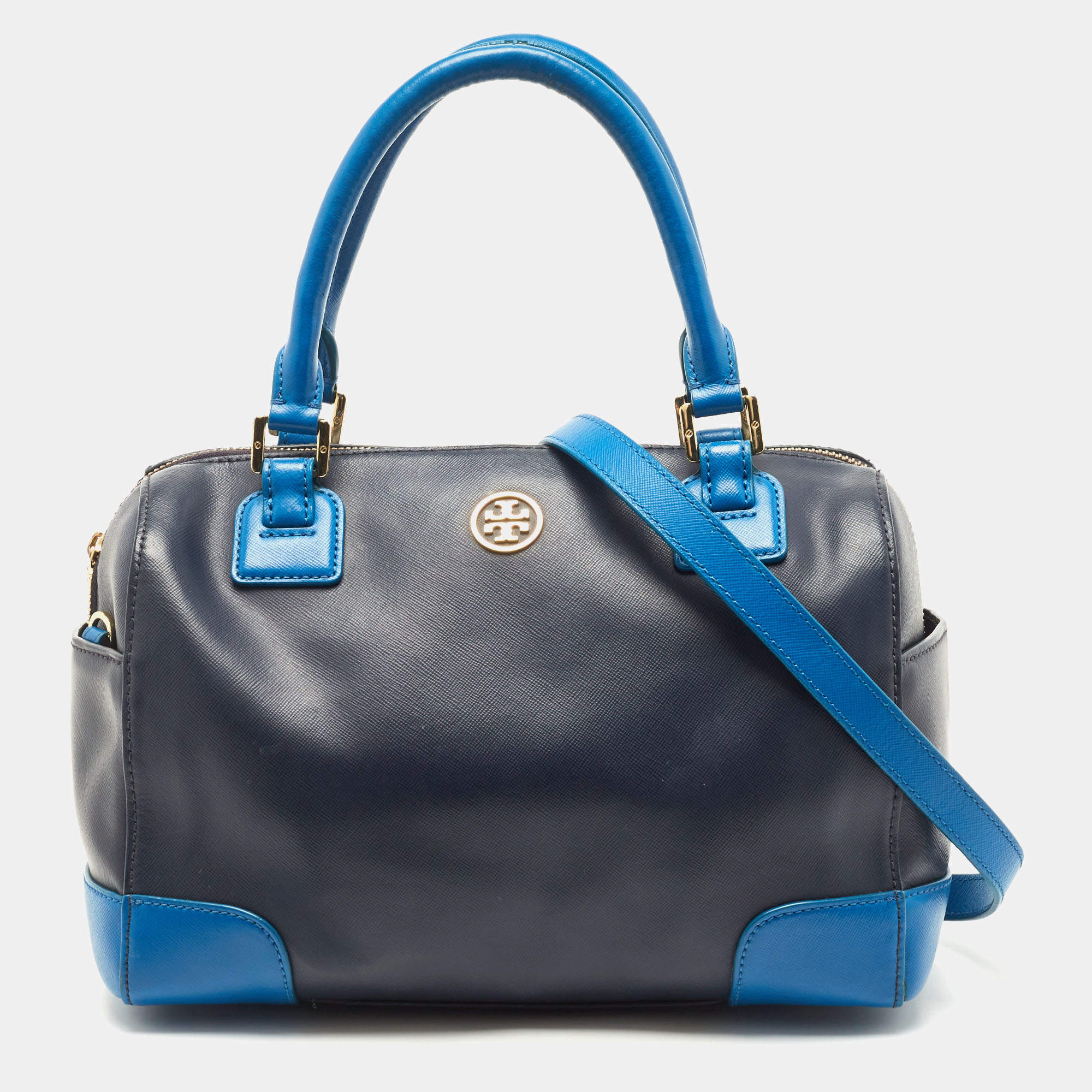 Pre Owned Tory Burch Two Tone Blue Leather Robinson Middy Satchel