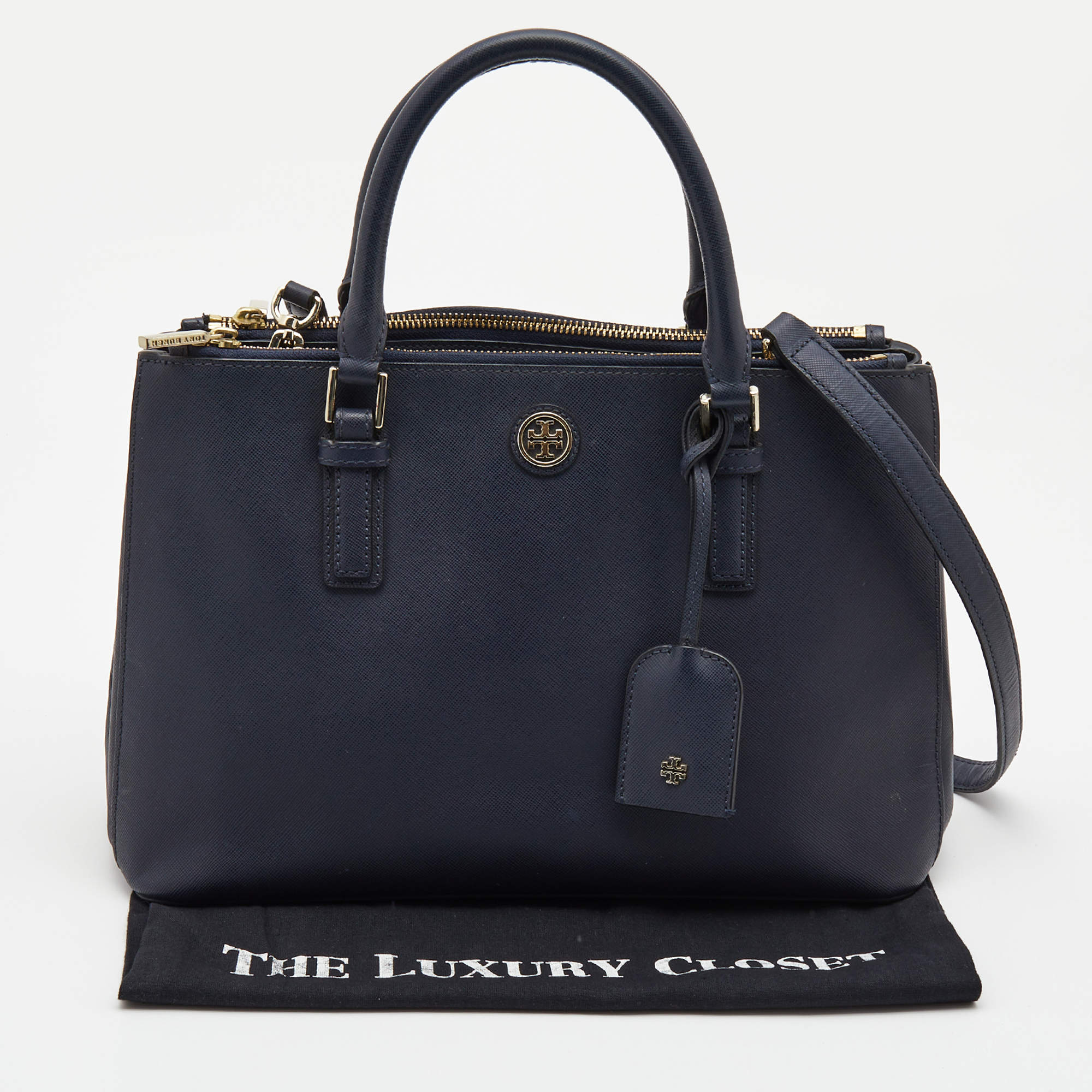Tory Burch Navy Blue Saffiano Leather Robinson Double Zip Tote