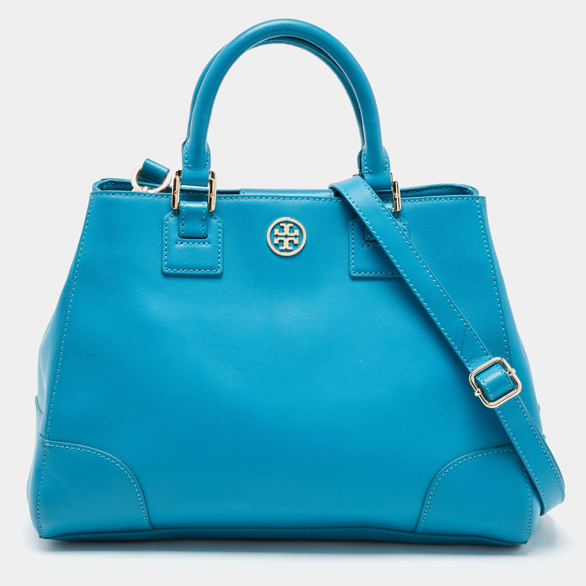 Pre Owned Tory Burch Teal Blue Saffiano Leather Robinson Tote