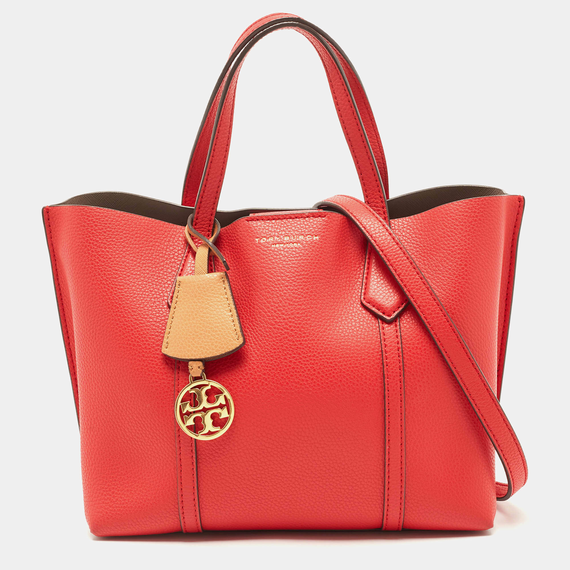 Pre Owned Tory Burch Red Leather Small Perry Triple-Compartment Tote