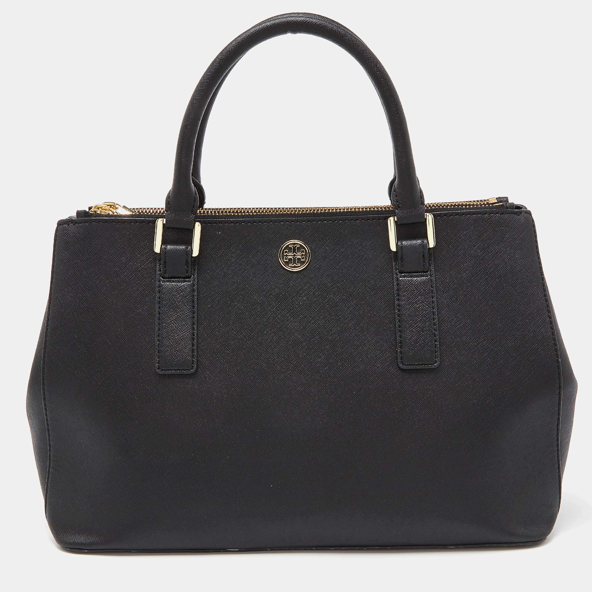 Pre Owned Tory Burch Black Leather Double Zip Robinson Tote