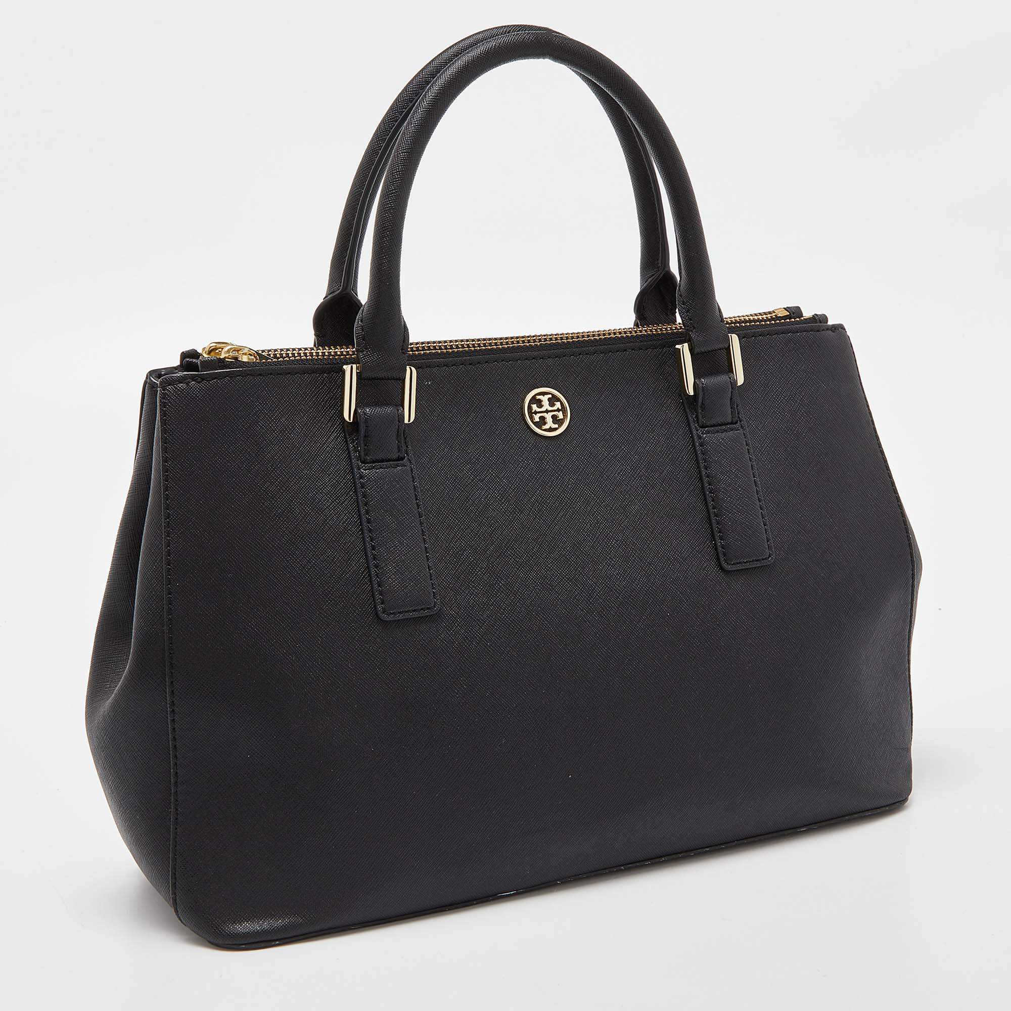 Tory Burch Robinson Double-Zip Saffiano Tote Bag, Black with Gold Hardware