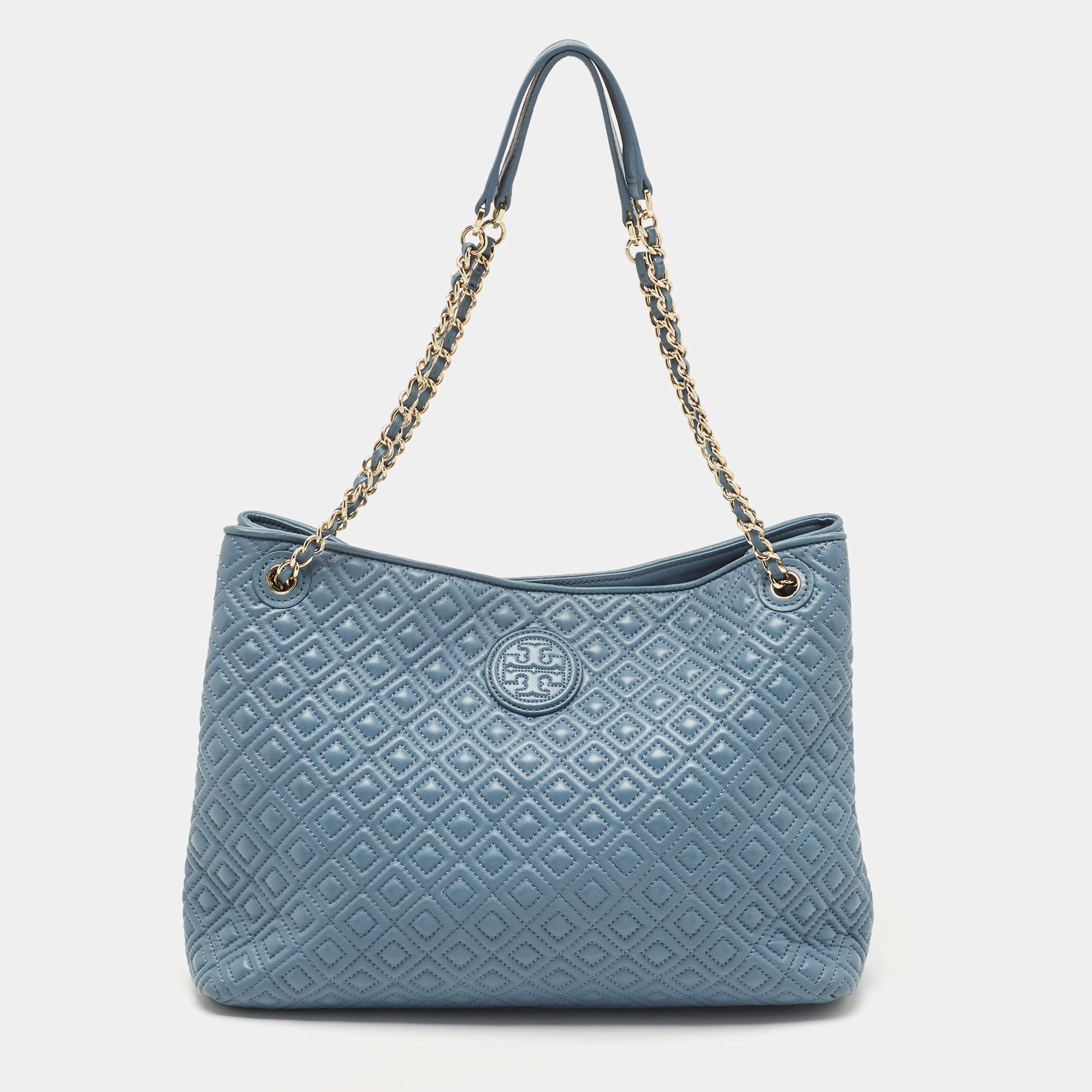 Pre Owned Tory Burch Blue Quilted Leather Marion Tote