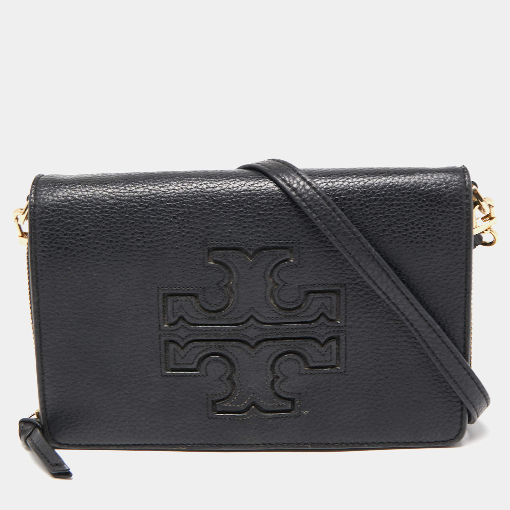 Pre Owned Tory Burch Black Leather Harper Flap Crossbody Bag