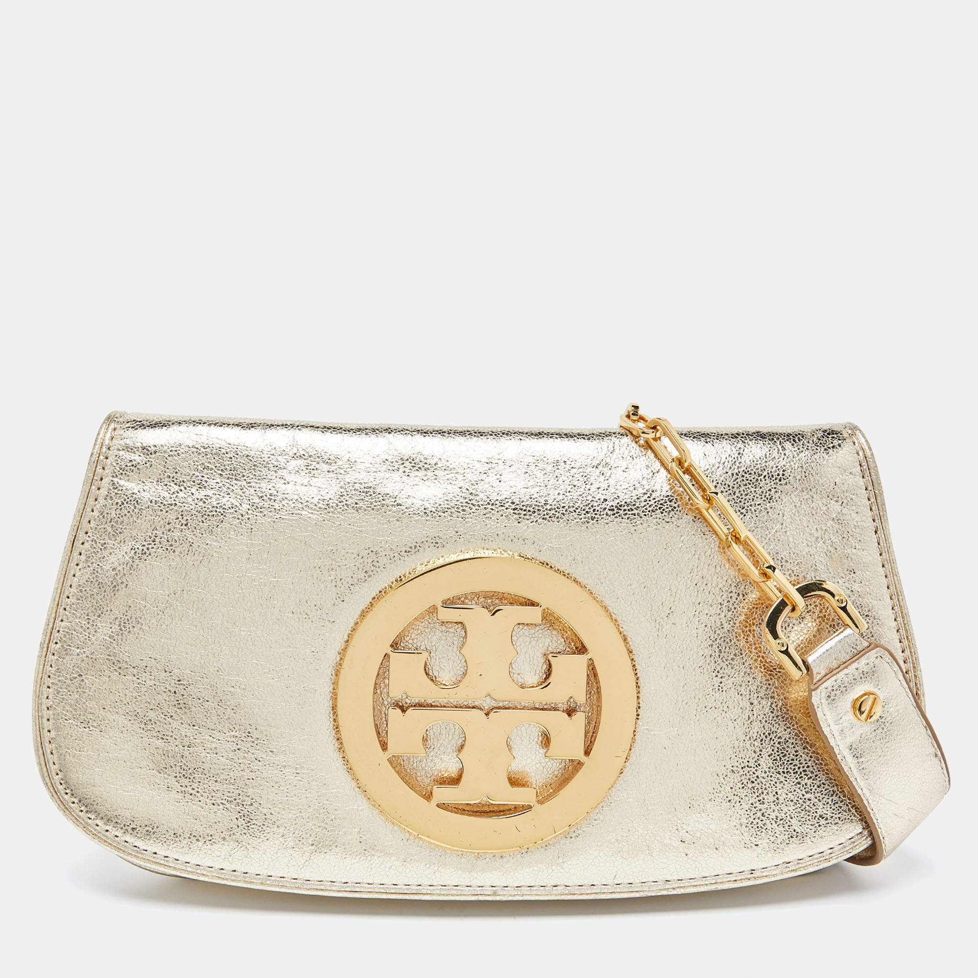 Pre Owned Tory Burch Gold Laminated Leather Reva Logo Crossbody Bag