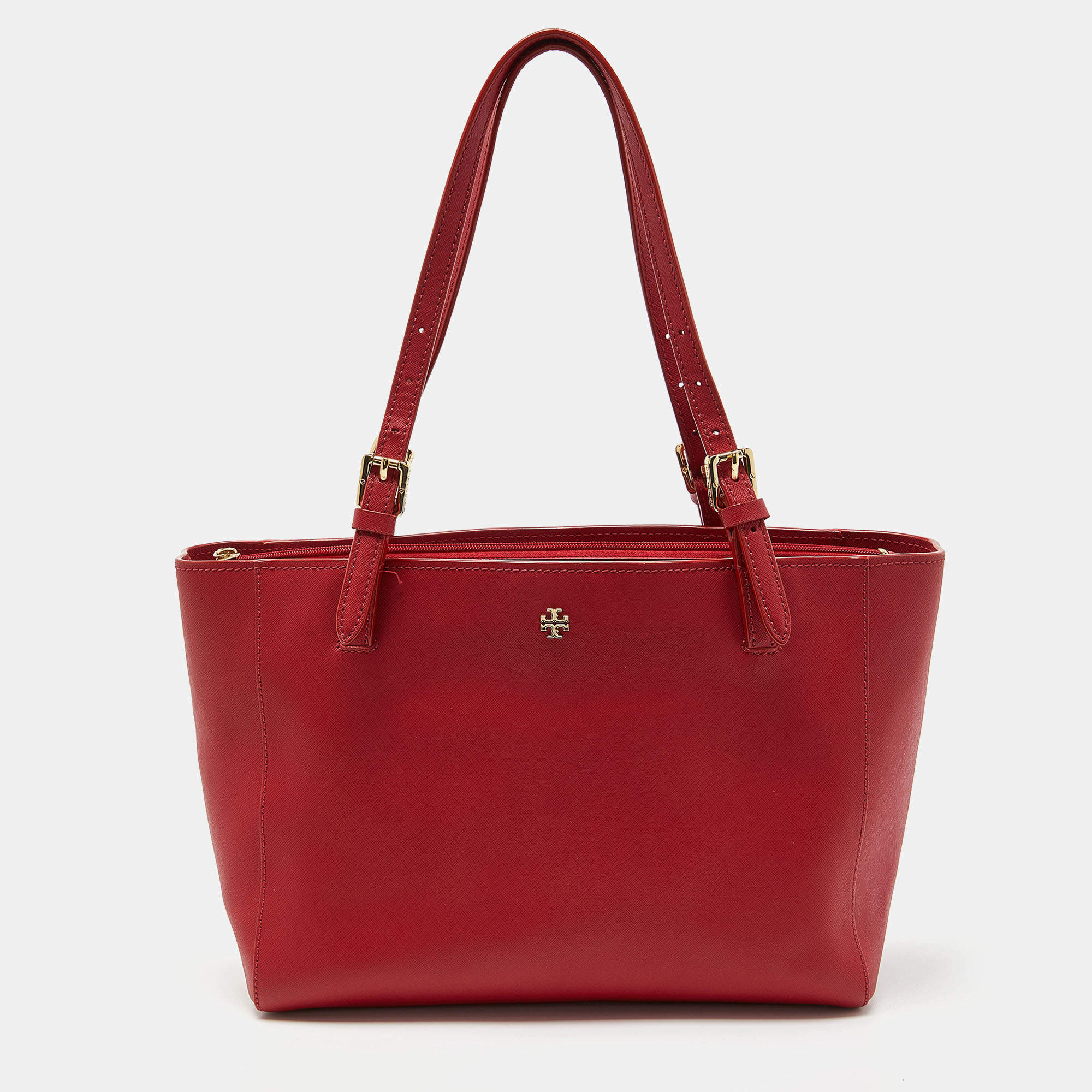 Pre Owned Tory Burch Red Leather Medium York Buckle Tote