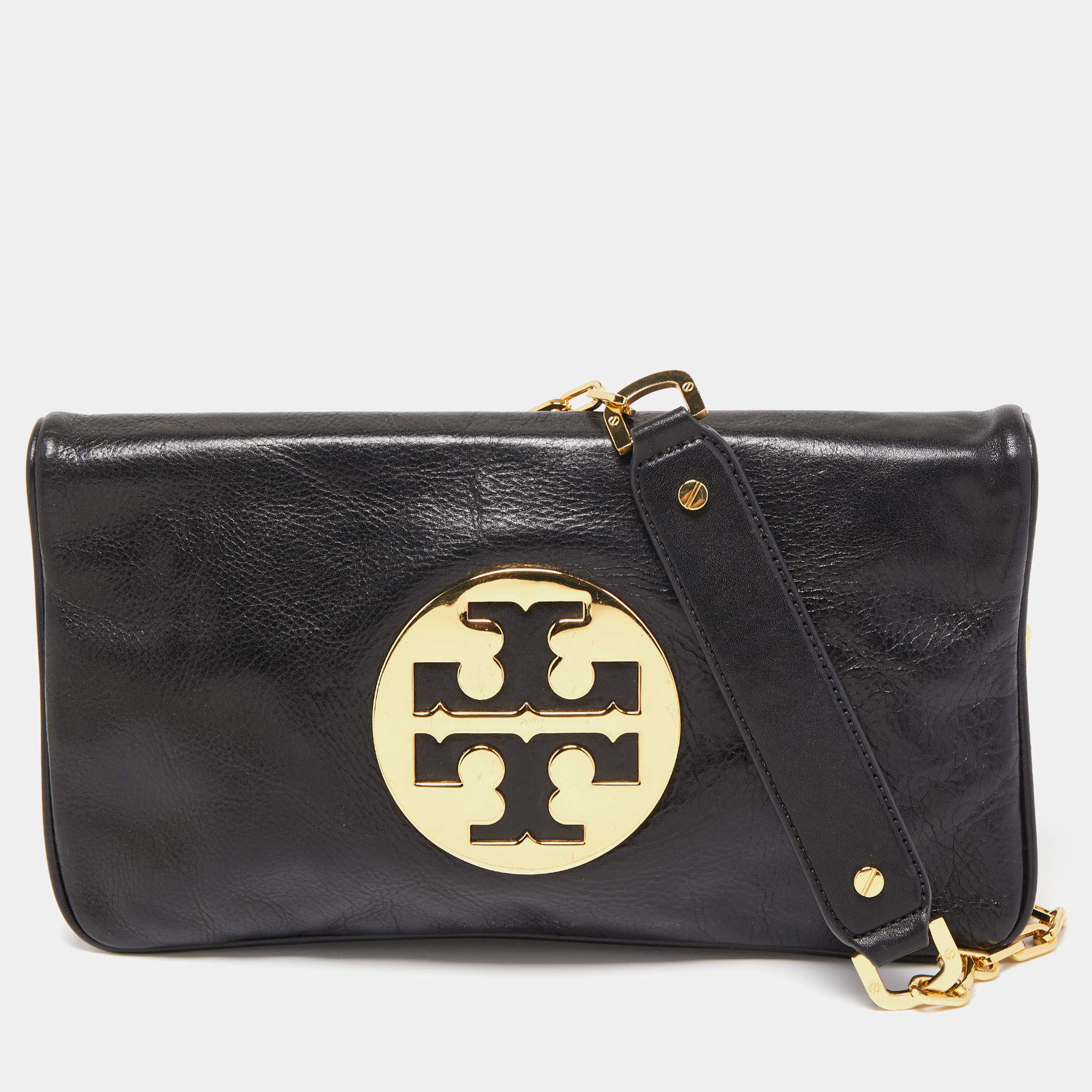 Pre Owned Tory Burch Black Glossy Leather Reva Chain Clutch
