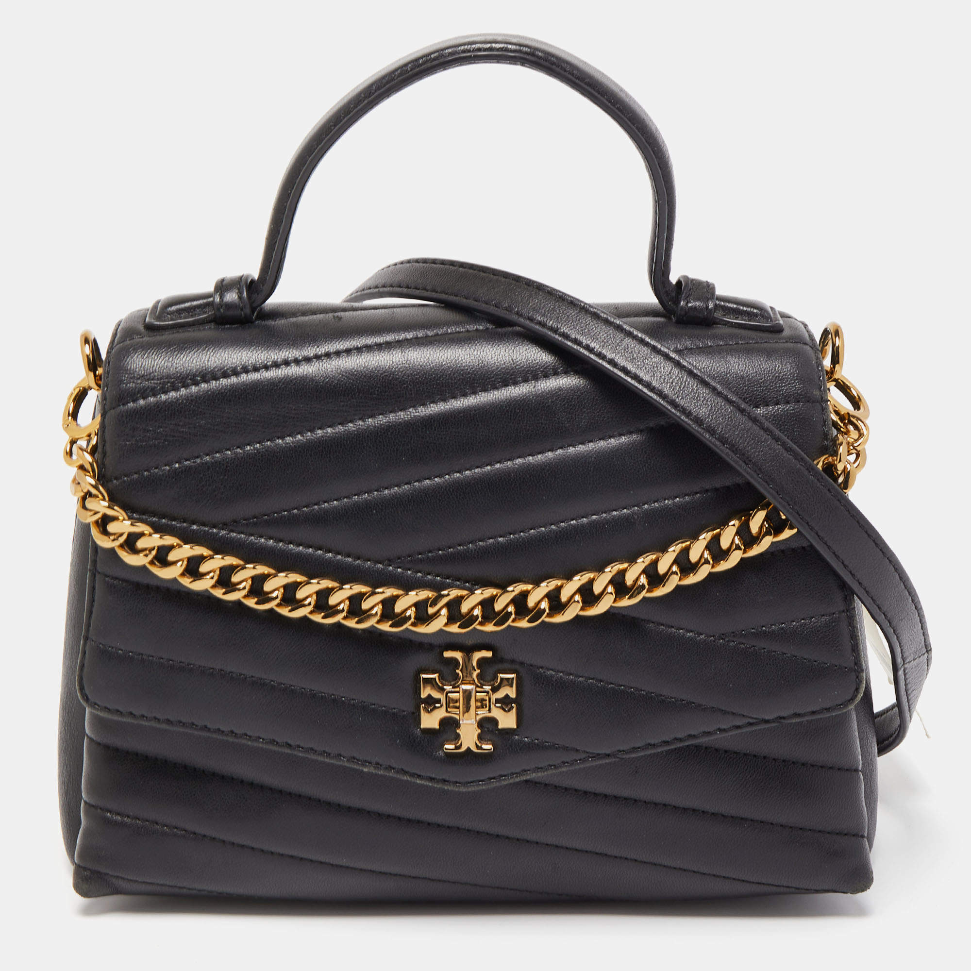 Pre Owned Tory Burch Black Chevron Leather Kira Top Handle Satchel