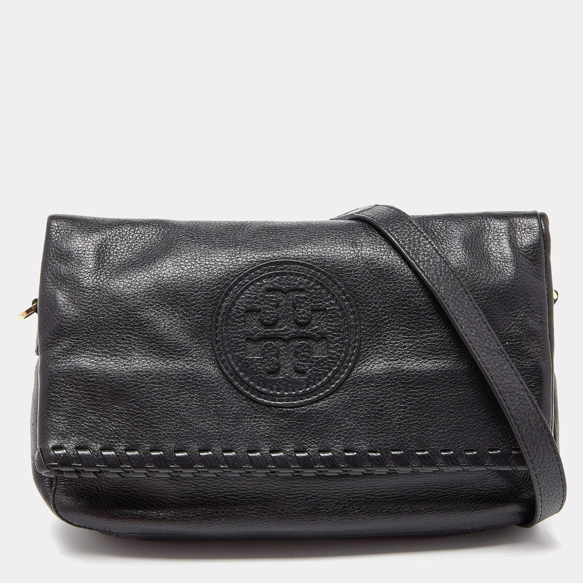 Pre Owned Tory Burch Black Leather Whipstitch Fold Over Crossbody Bag