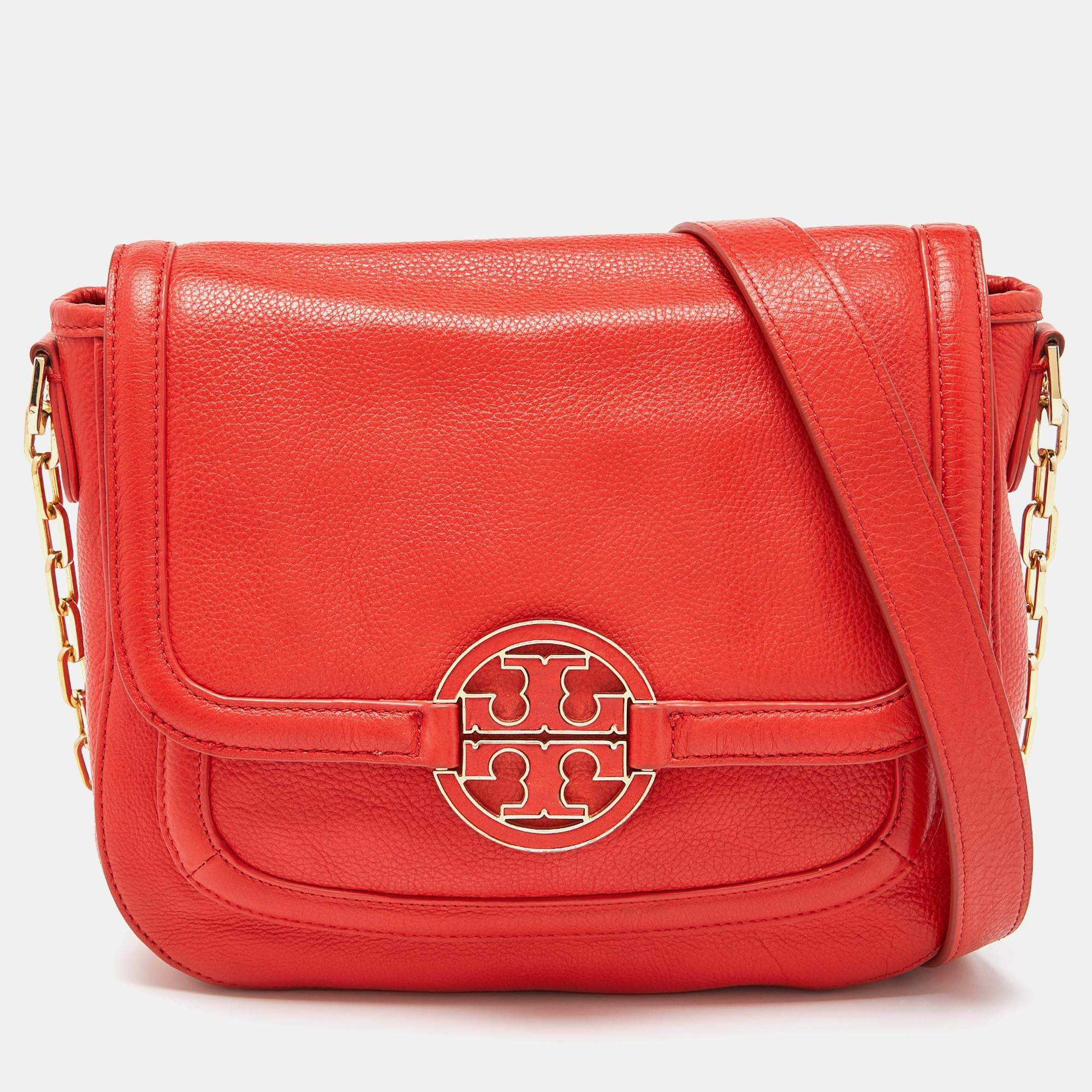 Pre Owned Tory Burch Orange Leather Amanda Round Crossbody Bag