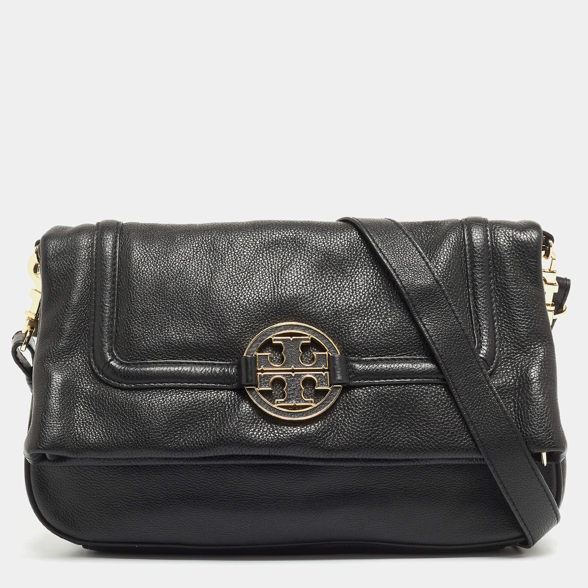 Pre Owned Tory Burch Black Leather Amanda Foldover Crossbody Bag