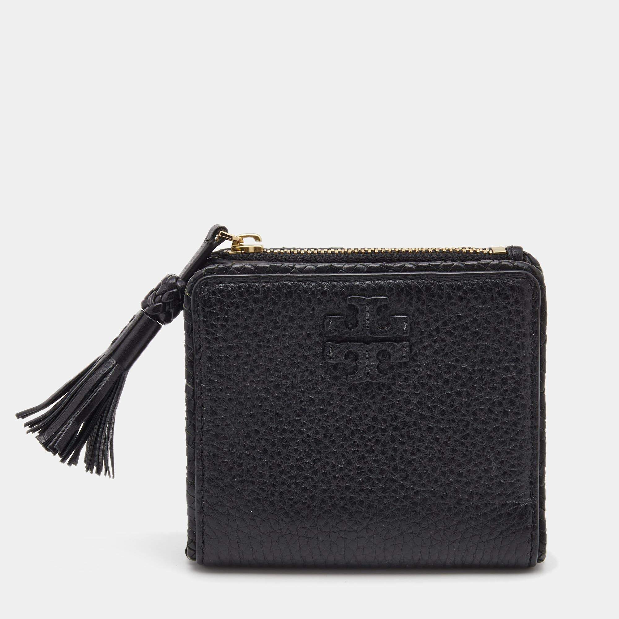 Pre Owned Tory Burch Black Leather Tassel Zip Bifold Wallet