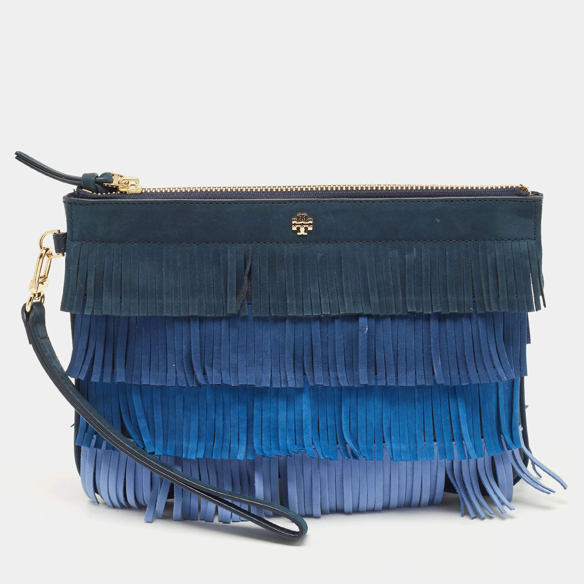 Pre Owned Tory Burch Multi Tone Blue Nubuck Fringe Wristlet Pouch
