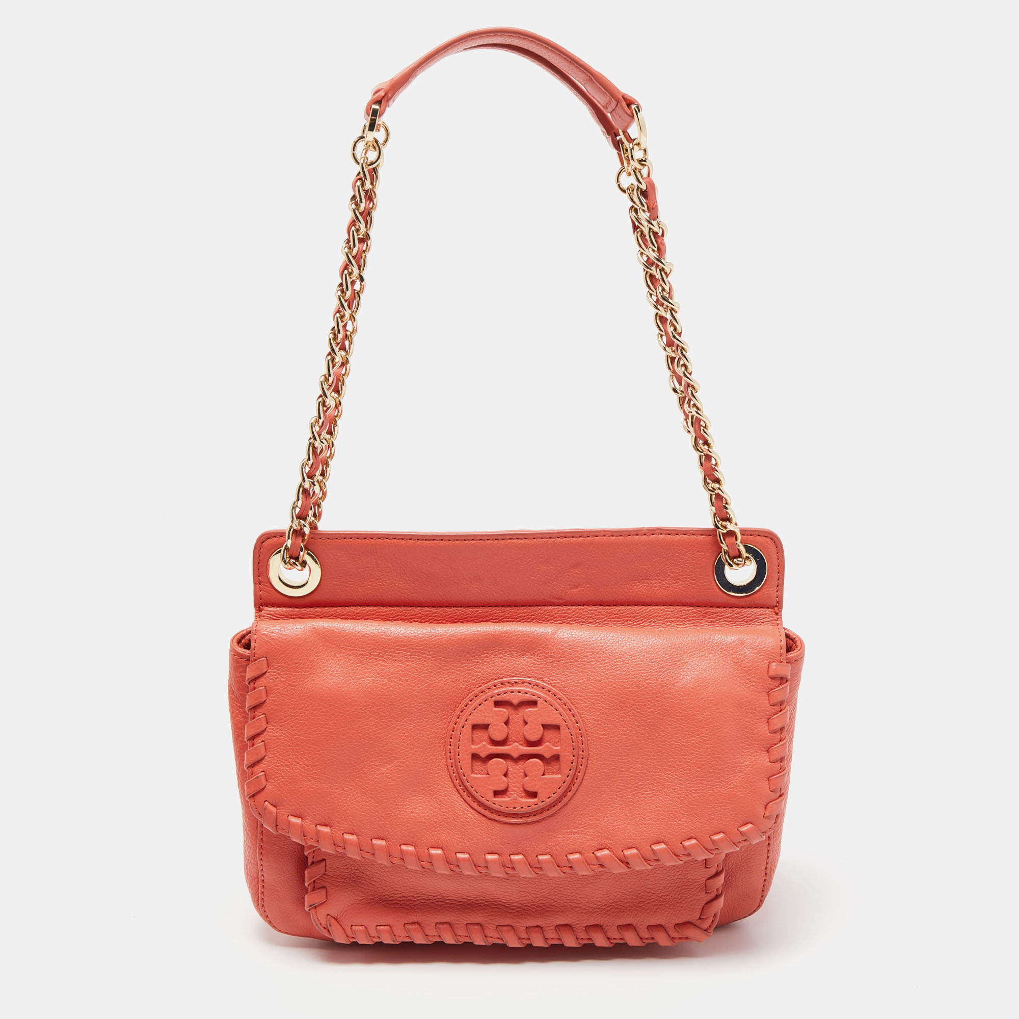 Pre Owned Tory Burch Peach Leather Marion Shoulder Bag