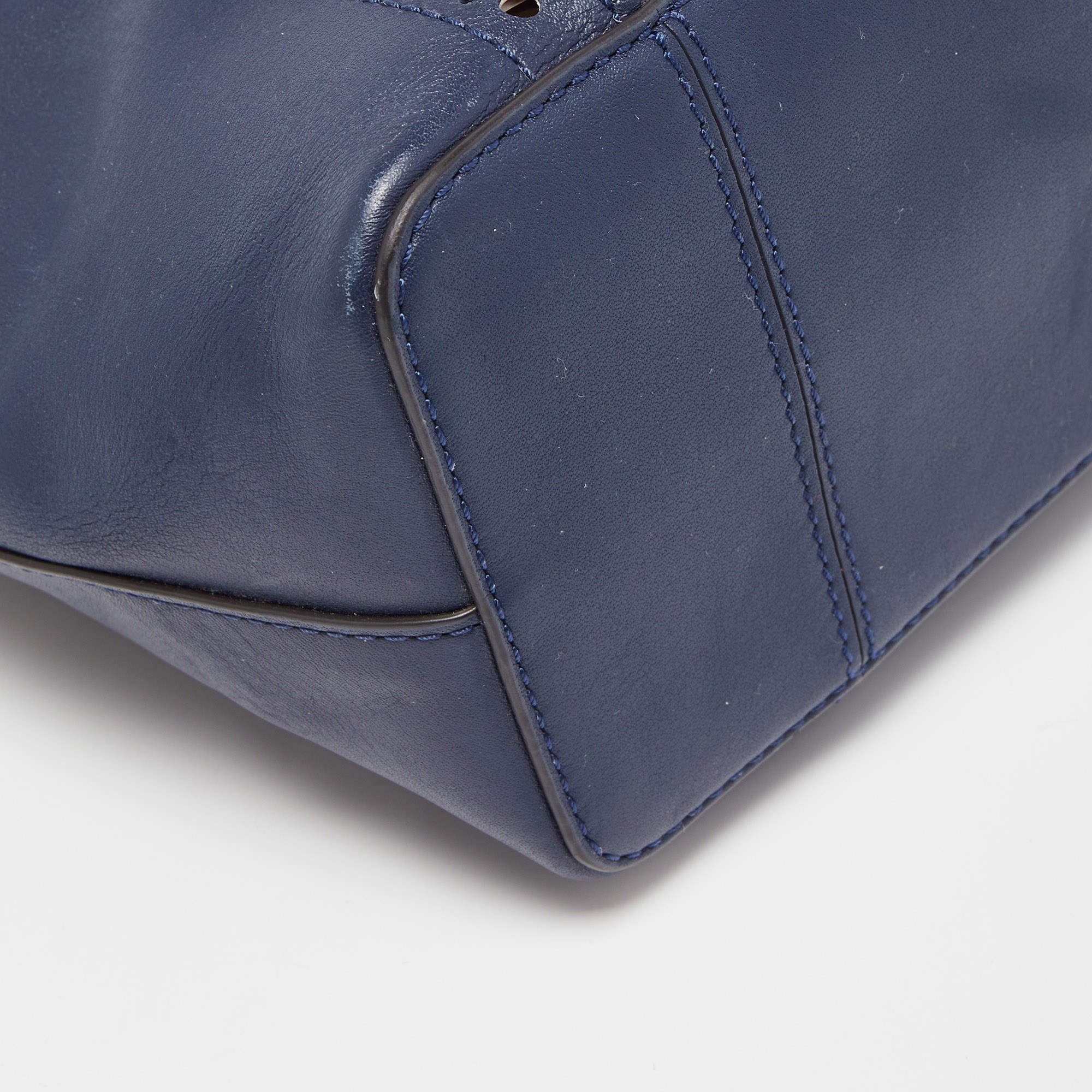Tory Burch Dark Blue Brogue Leather Mini Block-T Bucket Bag