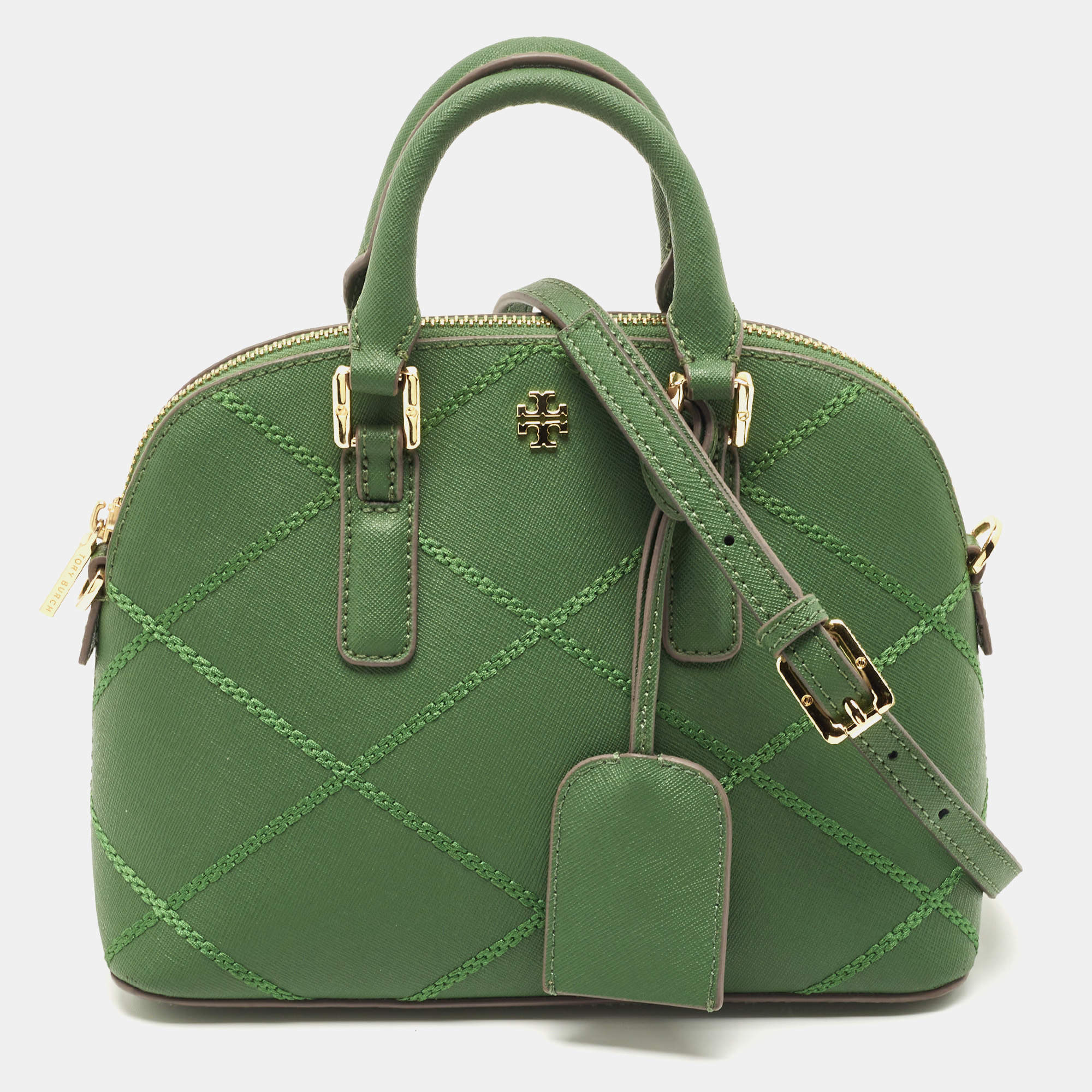 Pre Owned Tory Burch Green Leather Mini Stitched Robinson Satchel