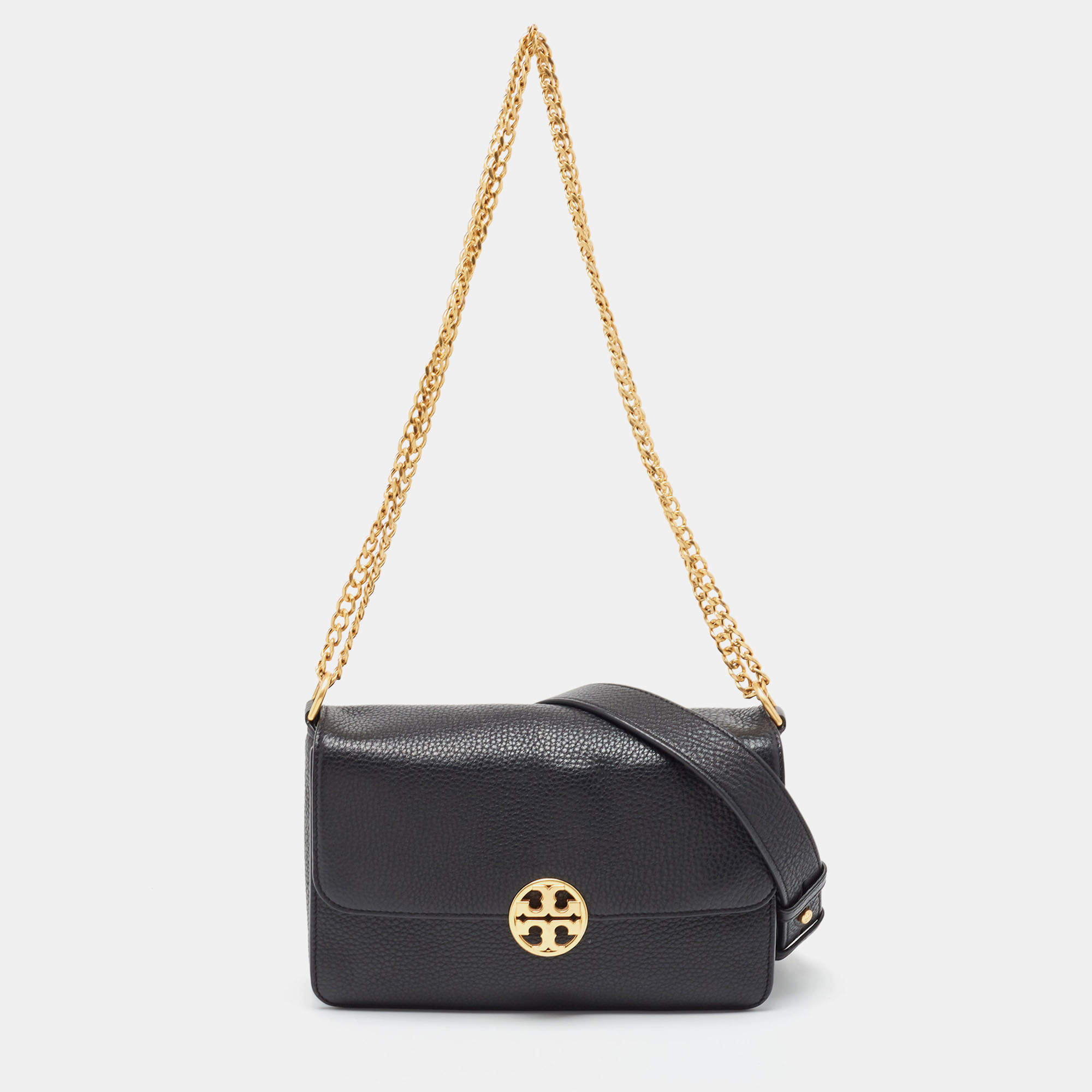 Pre Owned Tory Burch Black Grained Leather Chelsea Shoulder Bag