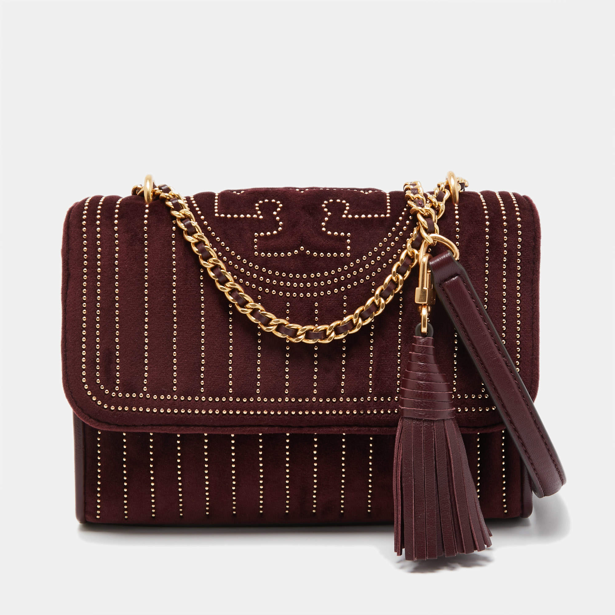 Pre Owned Tory Burch Burgundy Velvet Studded Fleming Shoulder Bag