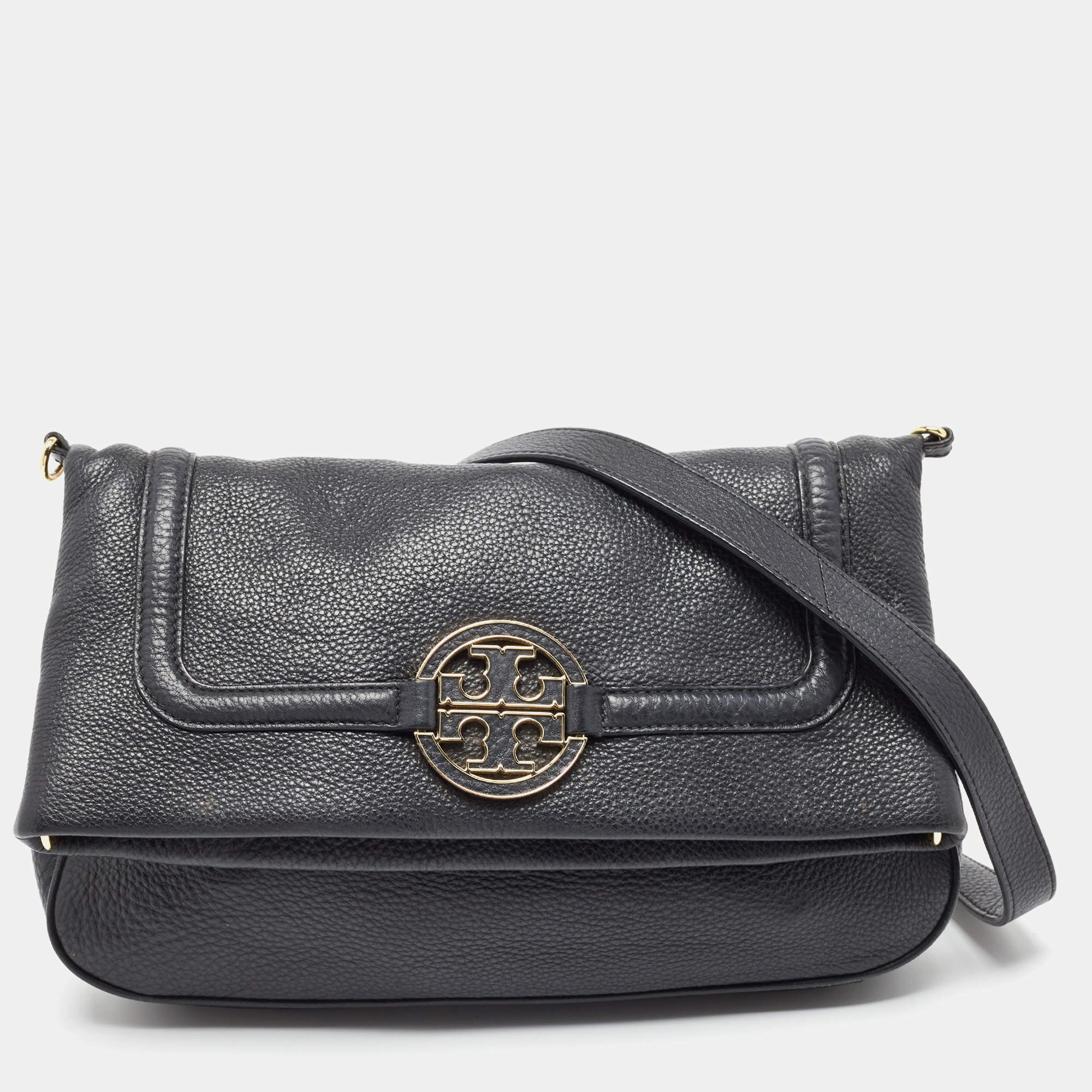 Pre Owned Tory Burch Black Leather Amanda Foldover Crossbody Bag