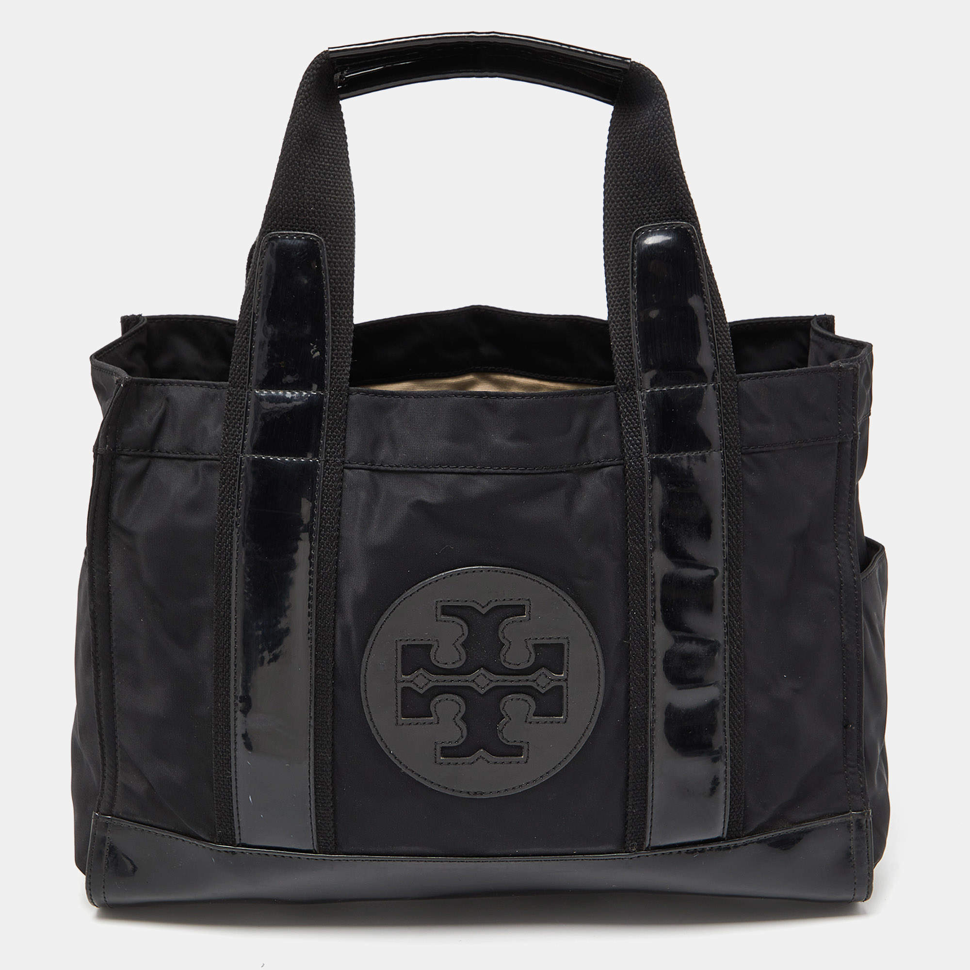 Pre Owned Tory Burch Black Nylon and Leather Ella Tote