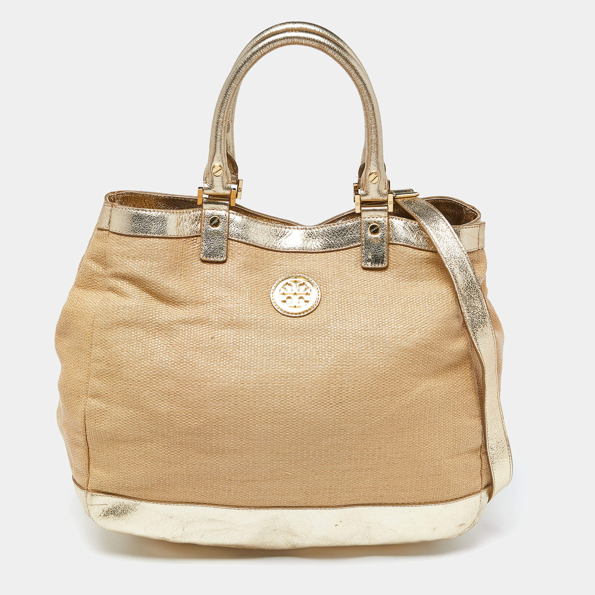 Pre Owned Tory Burch Beige/Gold Raffia and Leather Satchel