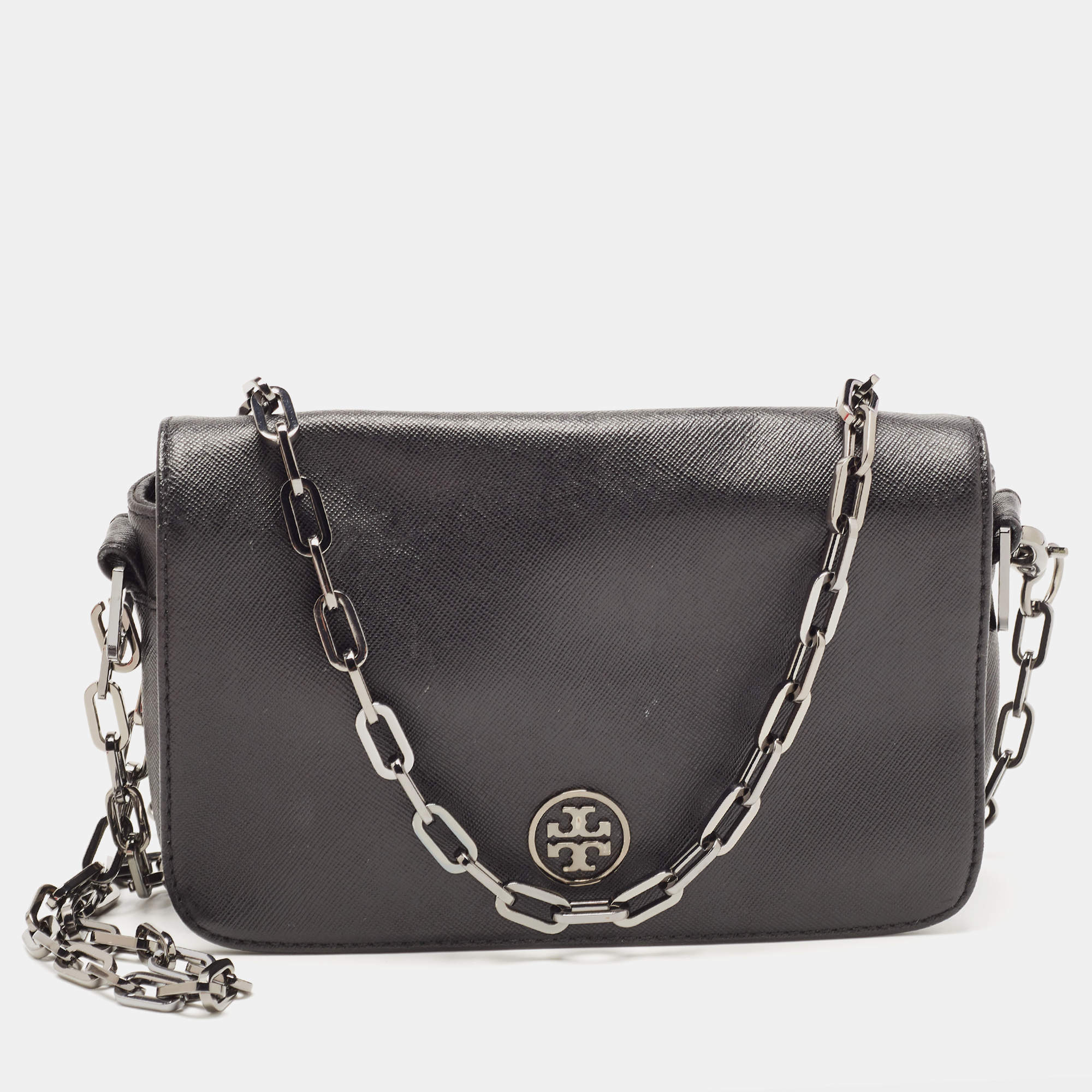 Pre Owned Tory Burch Black Leather Robinson Flap Crossbody Bag