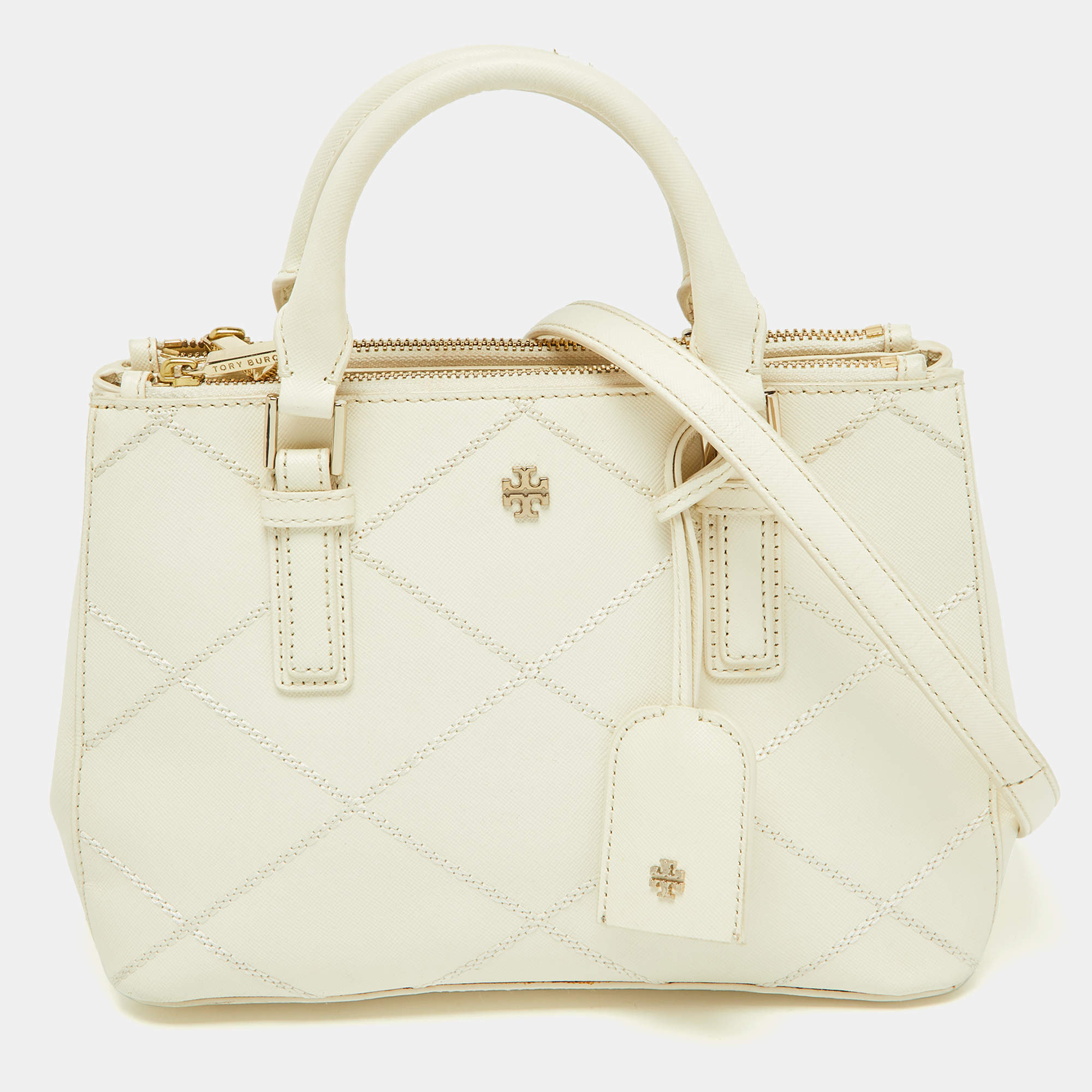 Pre Owned Tory Burch Off White Leather Mini Robinson Double Zip Tote