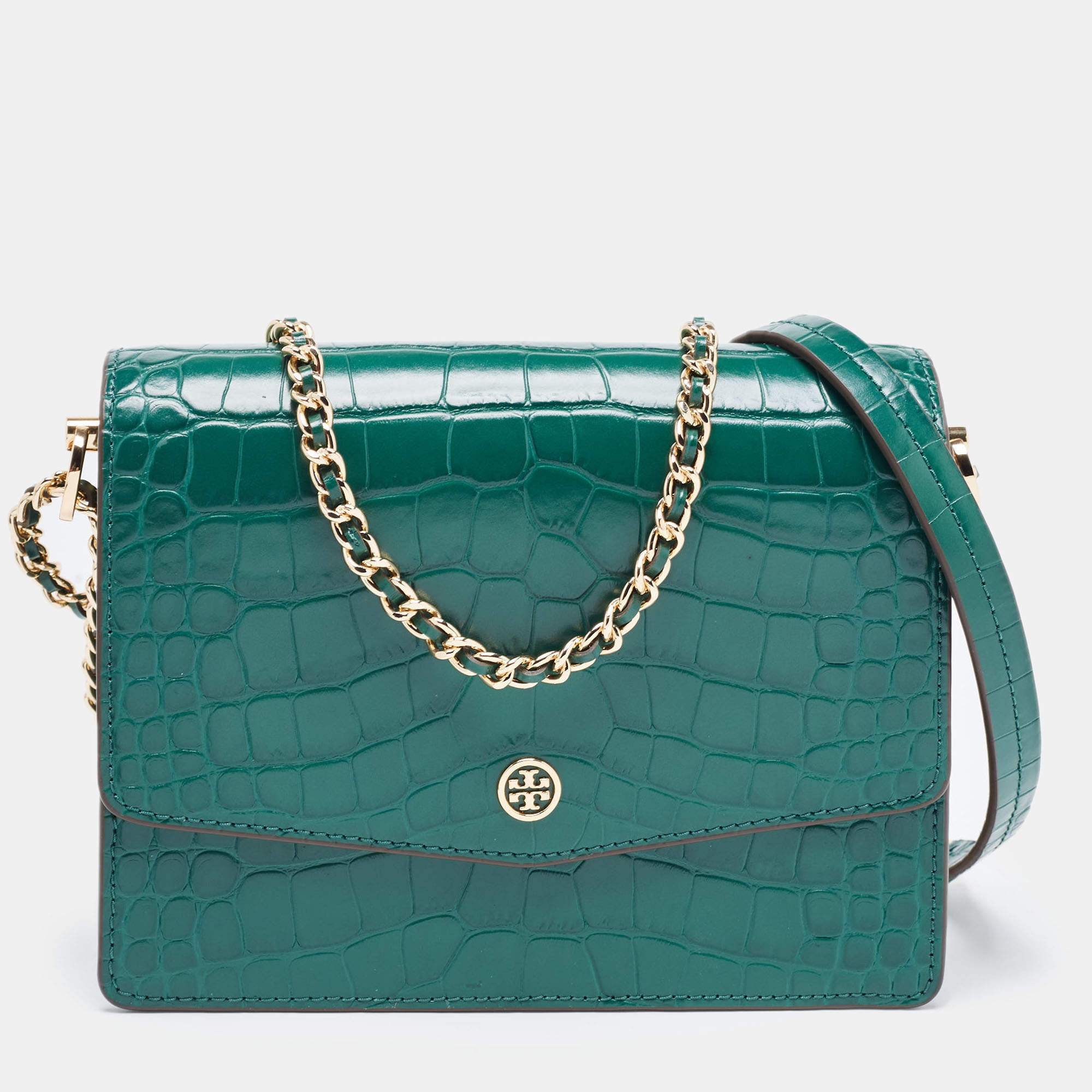 Tory Burch Green Croc Embossed Leather Emerson Crossbody Bag Tory Burch ...