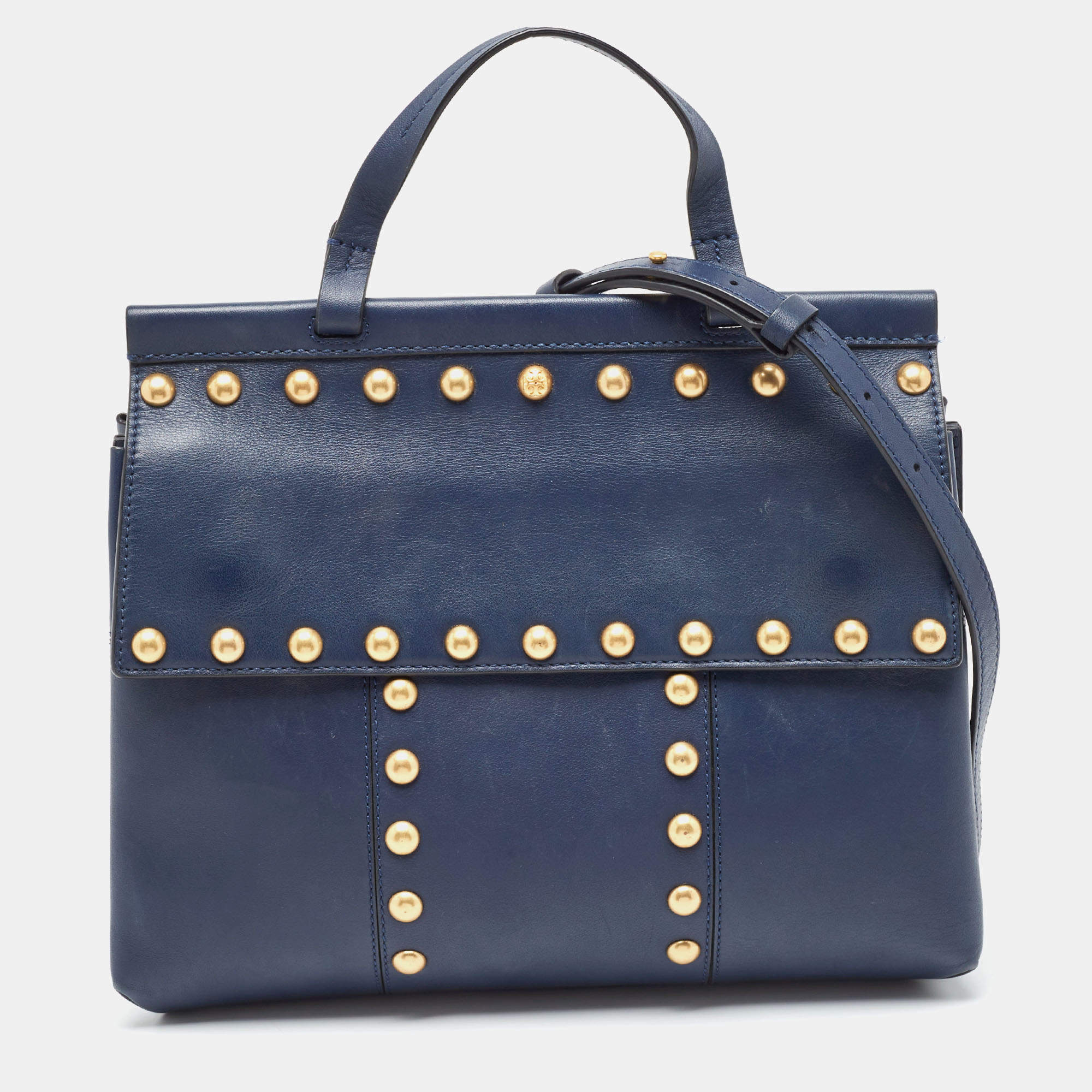 Pre Owned Tory Burch Navy Blue Leather Block-T Studded Top Handle Bag