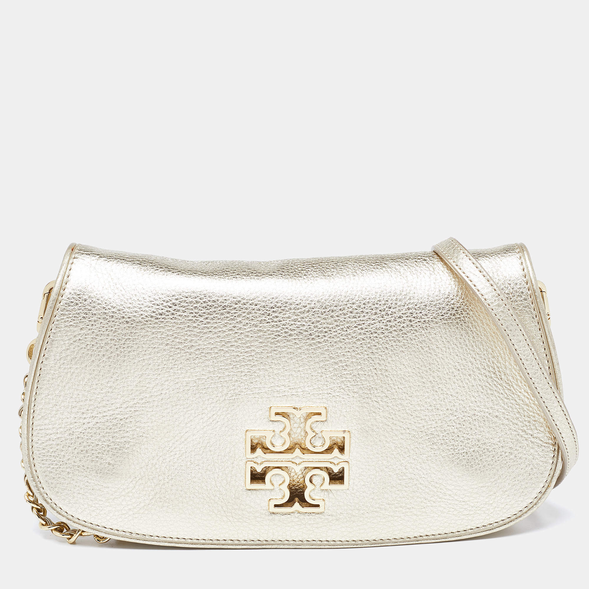 Pre Owned Tory Burch Gold Leather Britten Crossbody Bag