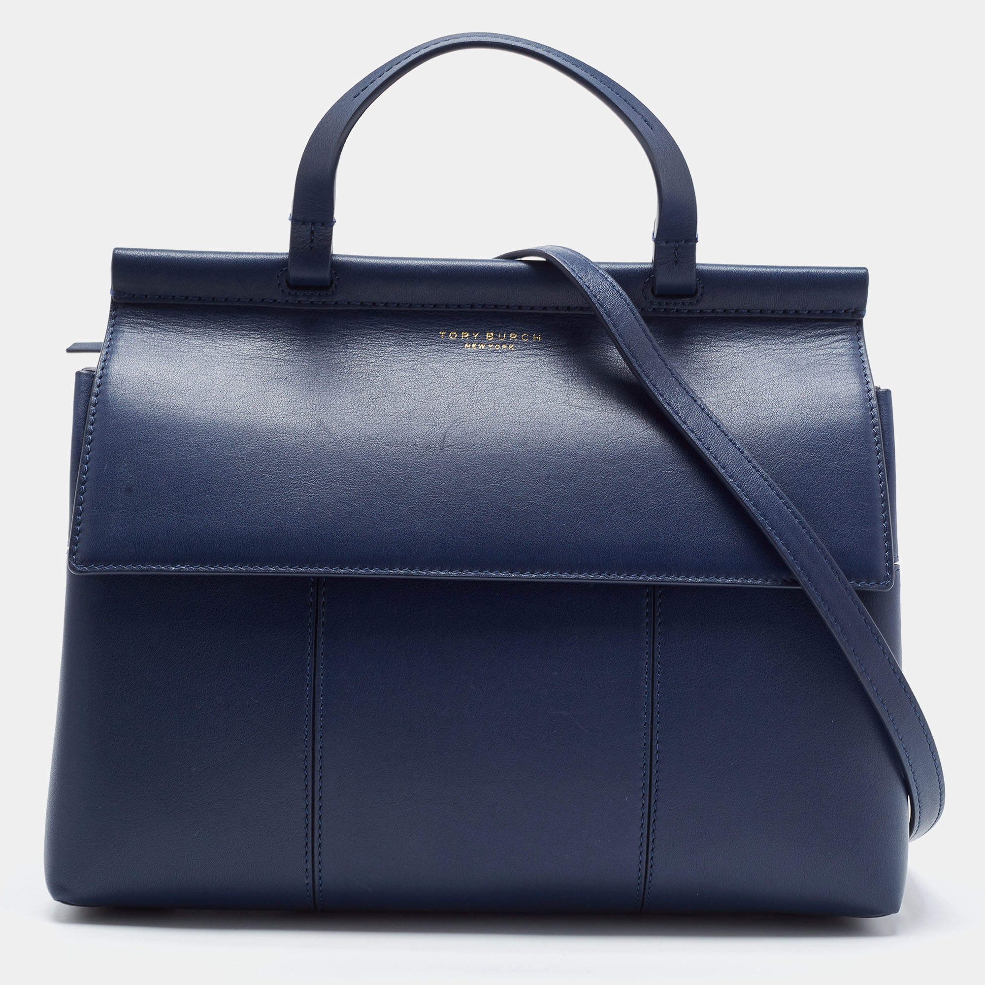 Pre Owned Tory Burch Navy Blue Leather Block T Top Handle Bag