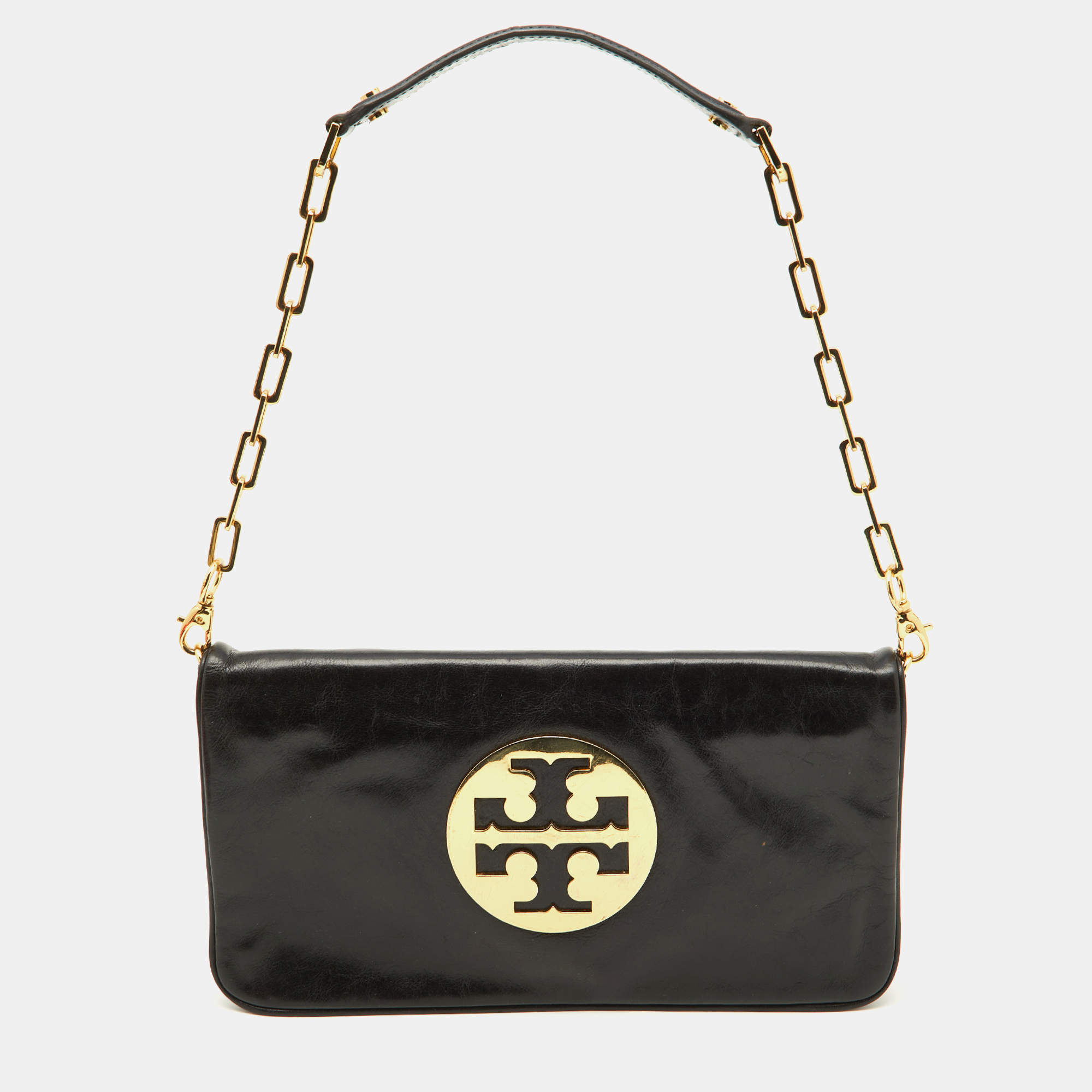 Pre Owned Tory Burch Black Leather Reva Logo Shoulder Bag