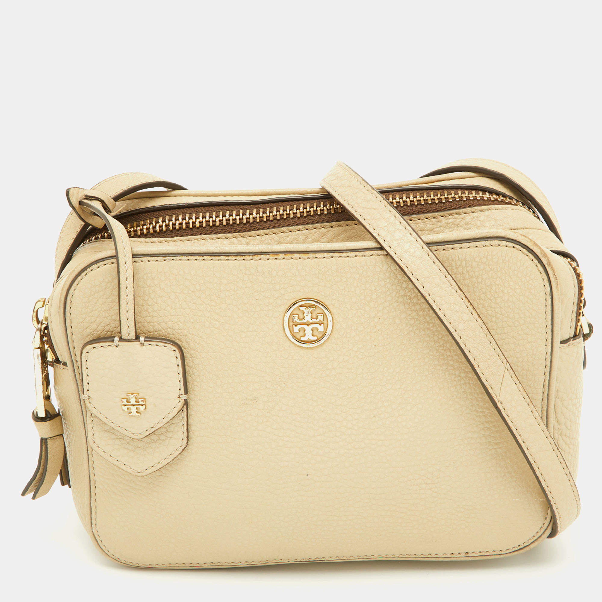 Pre Owned Tory Burch Beige Leather Double Zip Camera Bag