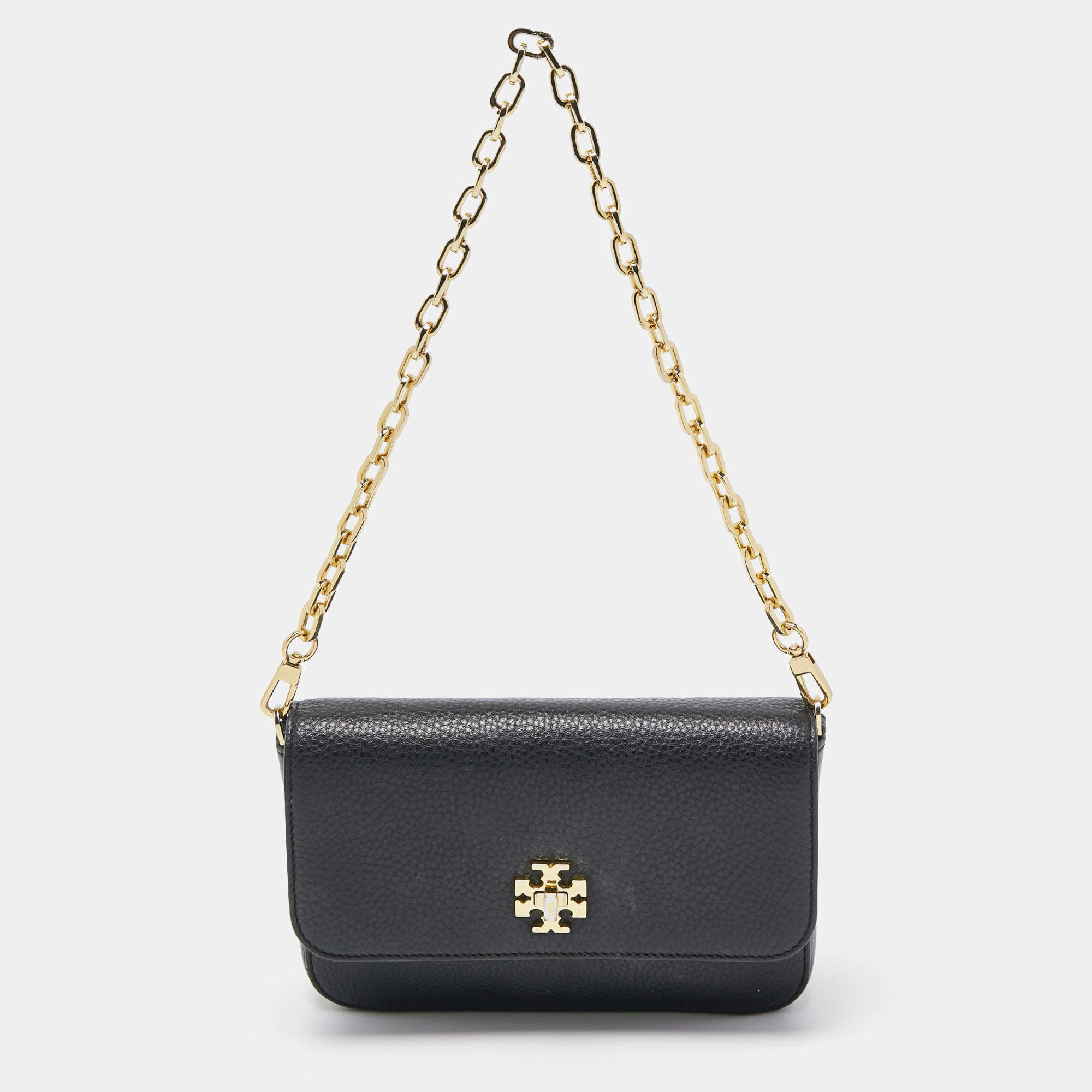 Pre Owned Tory Burch Black Leather Flap Shoulder Bag