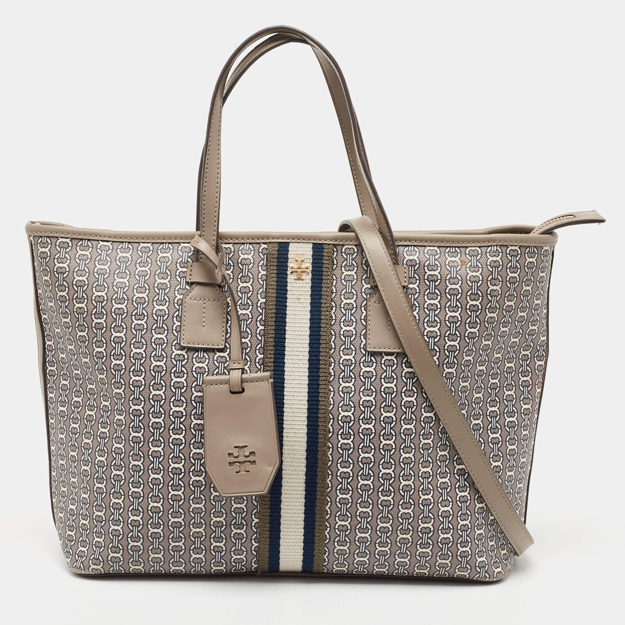 Pre Owned Tory Burch Grey Coated Canvas and Leather Gemini Link Zip Tote