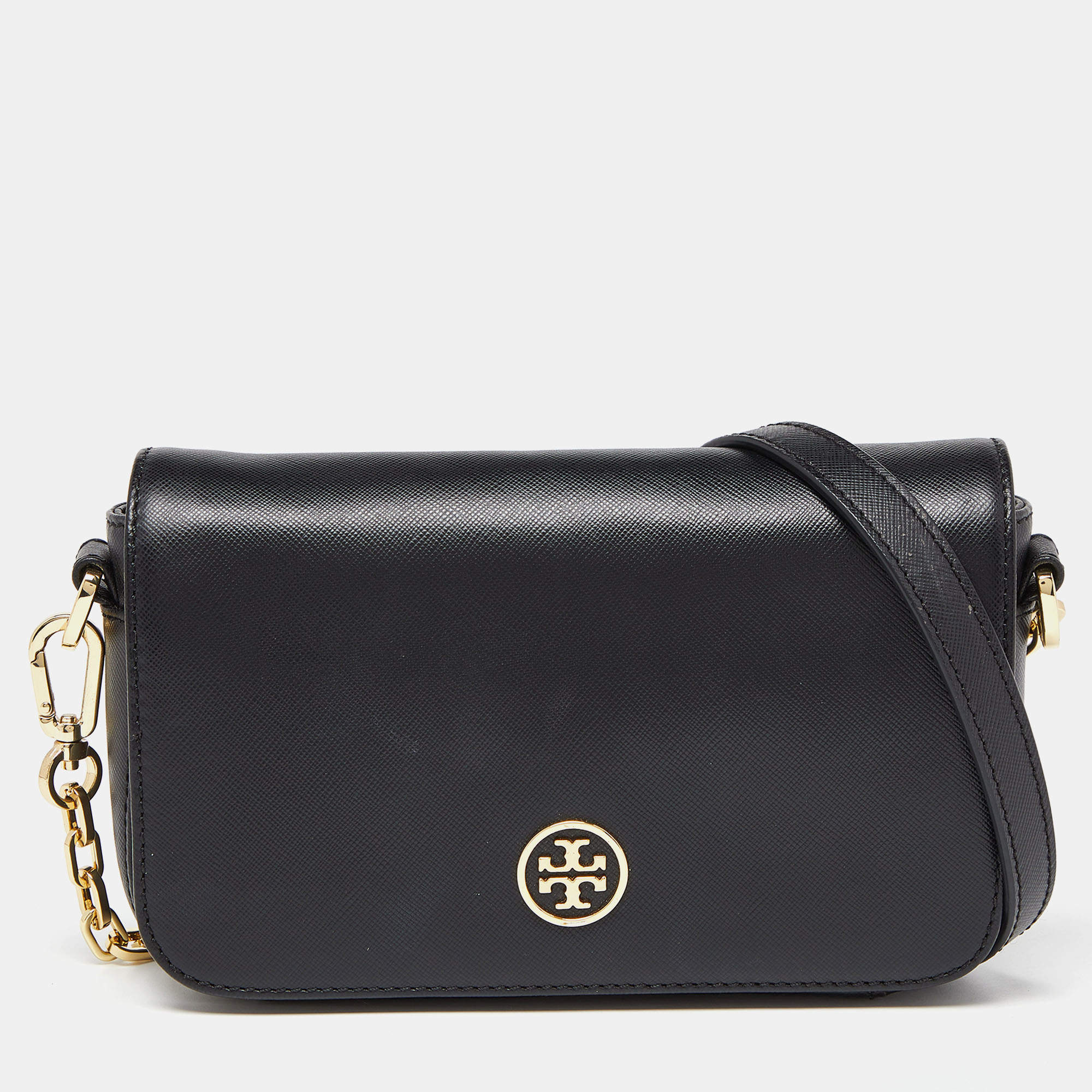 Pre Owned Tory Burch Black Leather Robinson Flap Crossbody Bag
