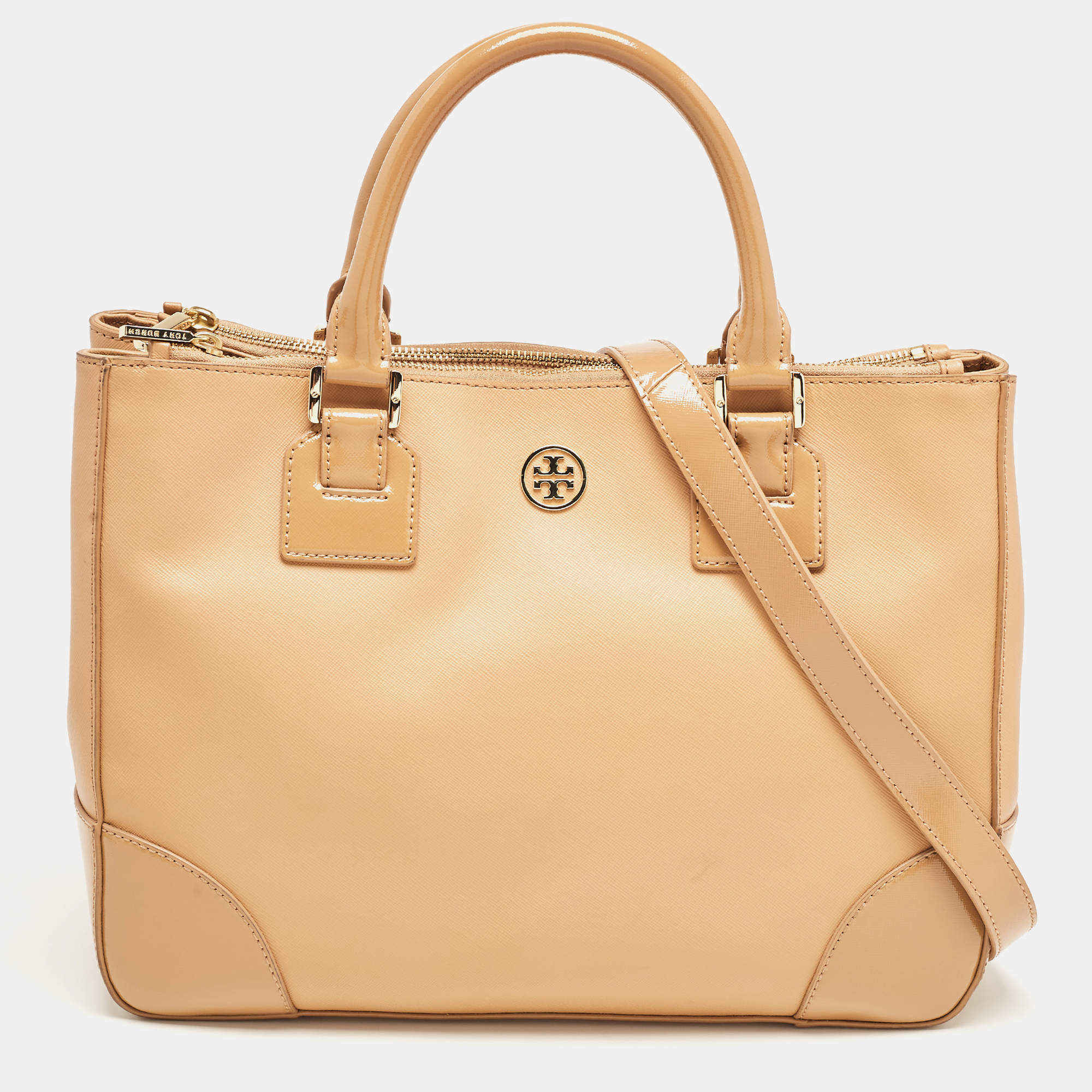 Pre Owned Tory Burch Beige Saffiano Patent and Leather Robinson Double Zip Tote