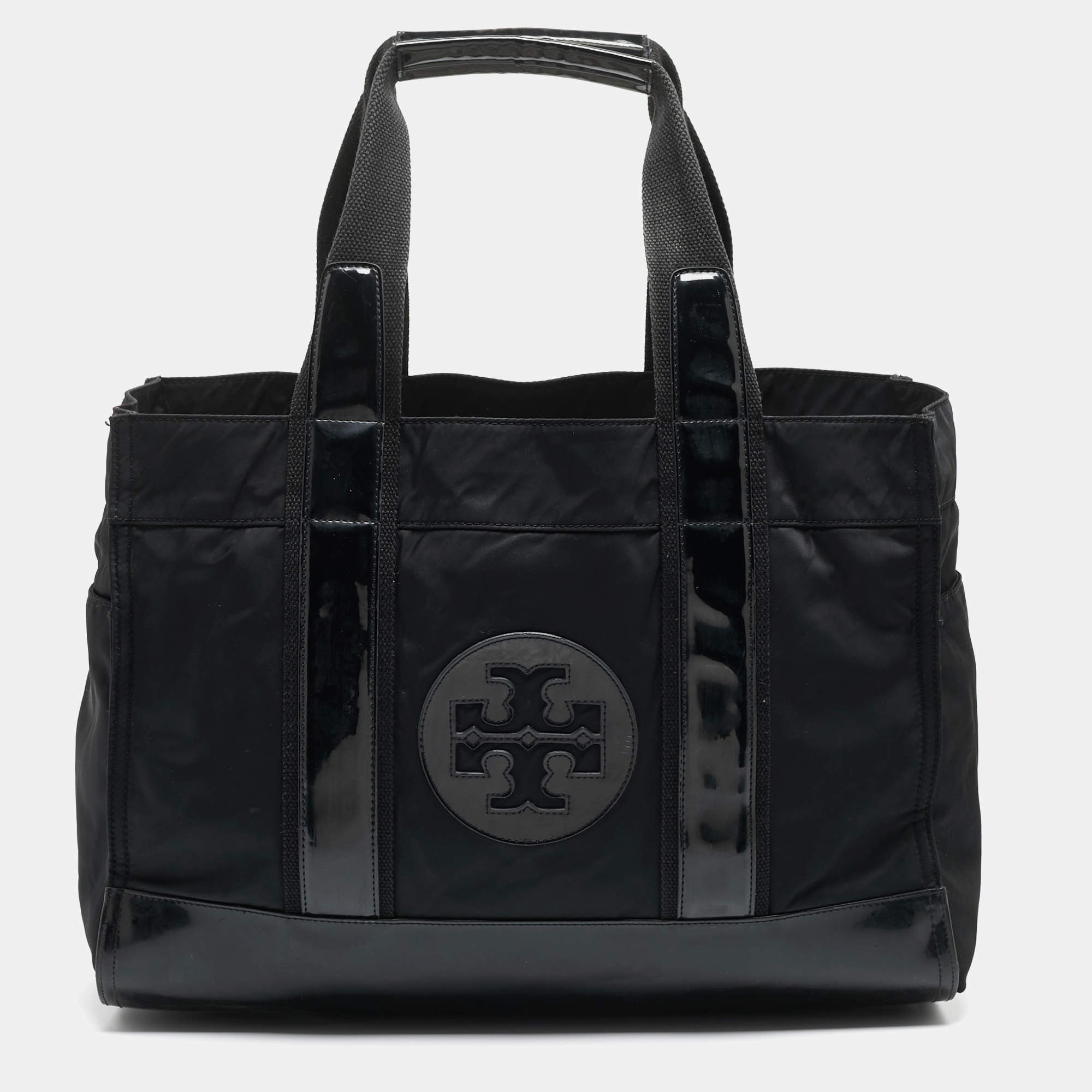 Pre Owned Tory Burch Black Patent Leather and Nylon Large Ella Tote