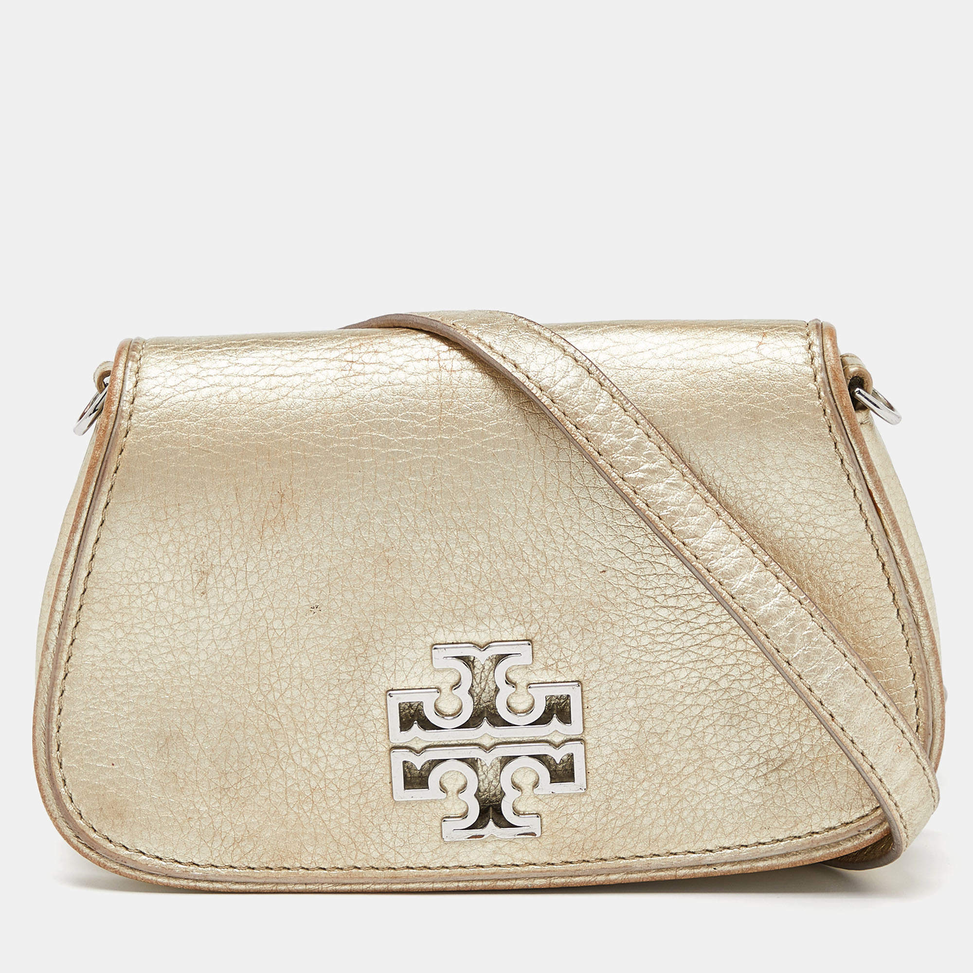 Pre Owned Tory Burch Gold Leather Britten Crossbody Bag